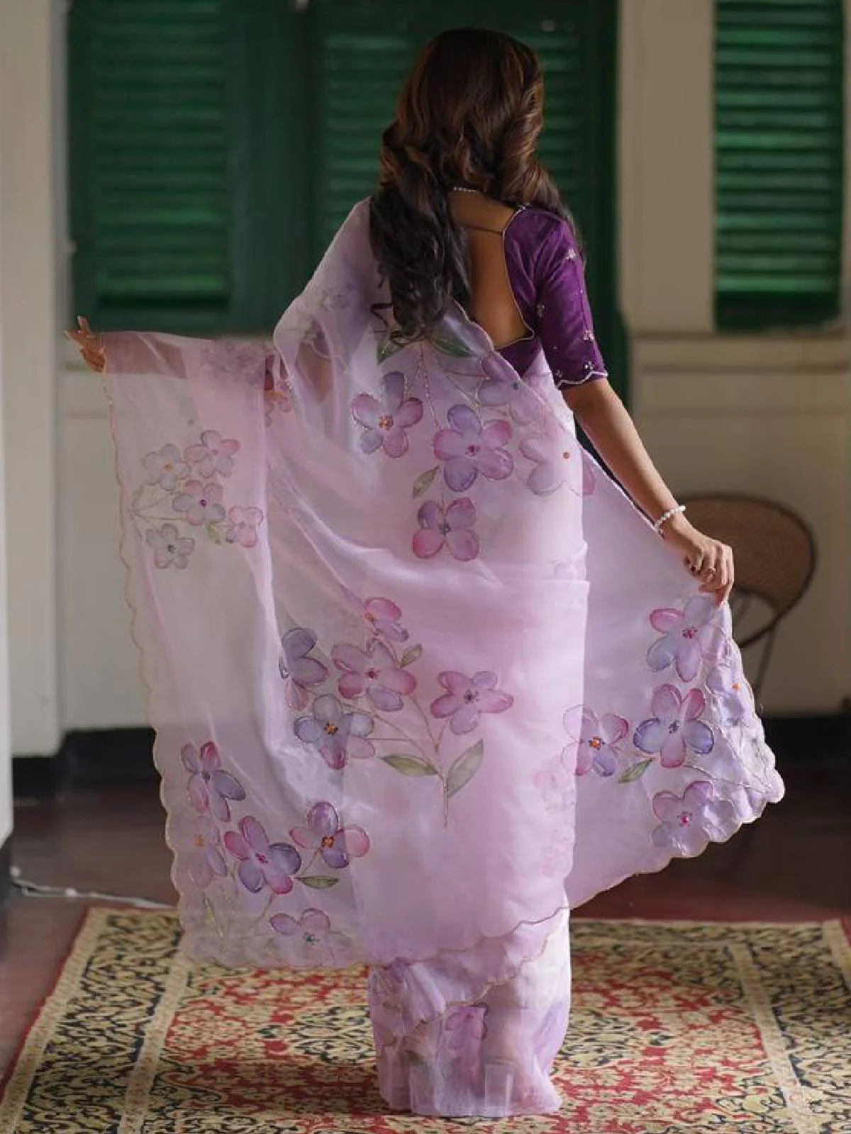 Odette Lavender Organza Printed With unstitched Blouse For Women - Image 4