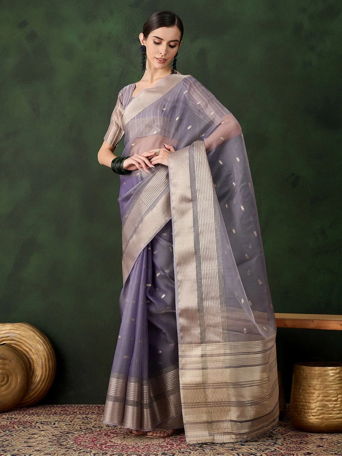 Odette Lavender Organza Woven Saree With Unstitched Blouse For Women - Image 2