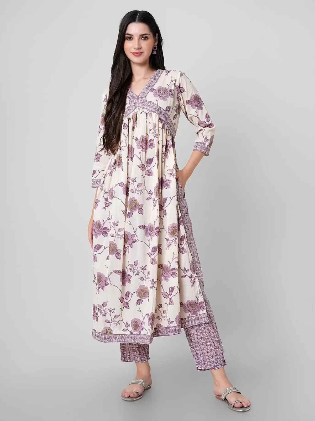 Odette Lavender Printed Cotton Stitched Kurta Set For Women - Image 2