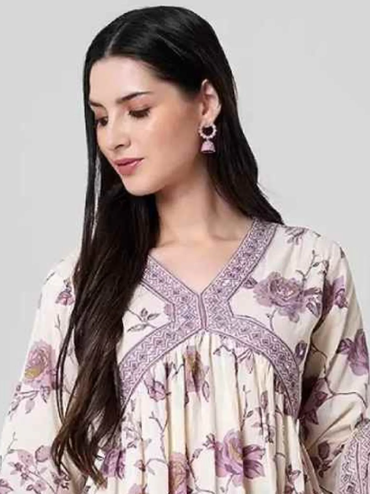 Odette Lavender Printed Cotton Stitched Kurta Set For Women - Image 4