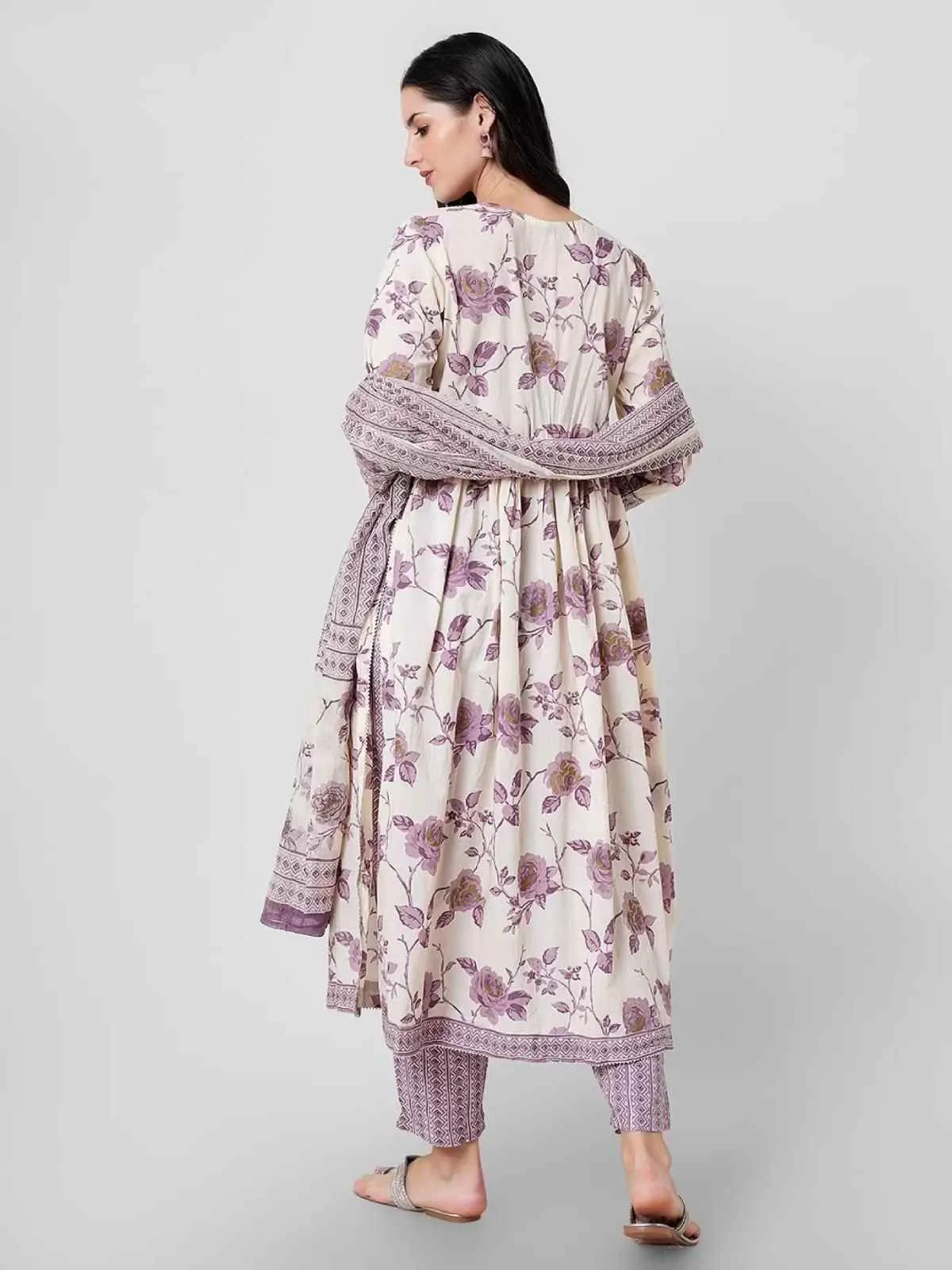 Odette Lavender Printed Cotton Stitched Kurta Set For Women - Image 5
