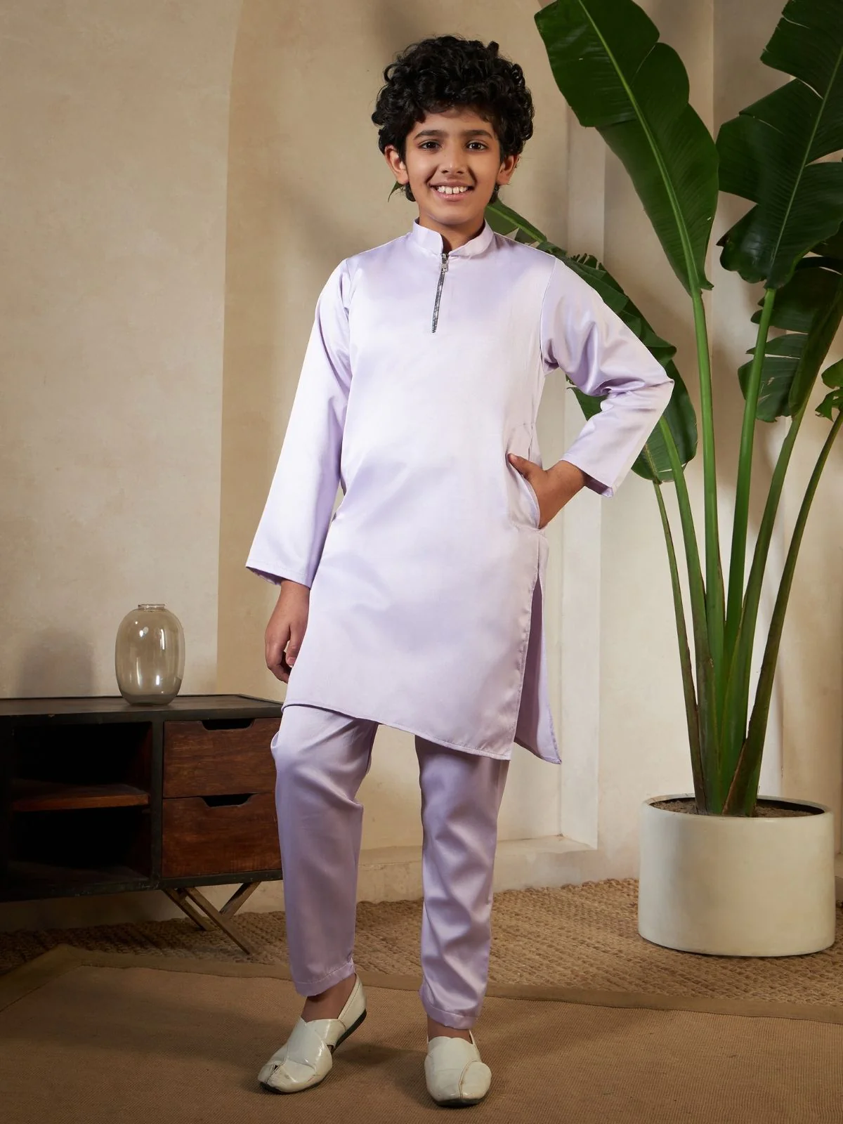 Odette Lavender Satin Embellished Stitched Kurta Set For Kids - Image 4