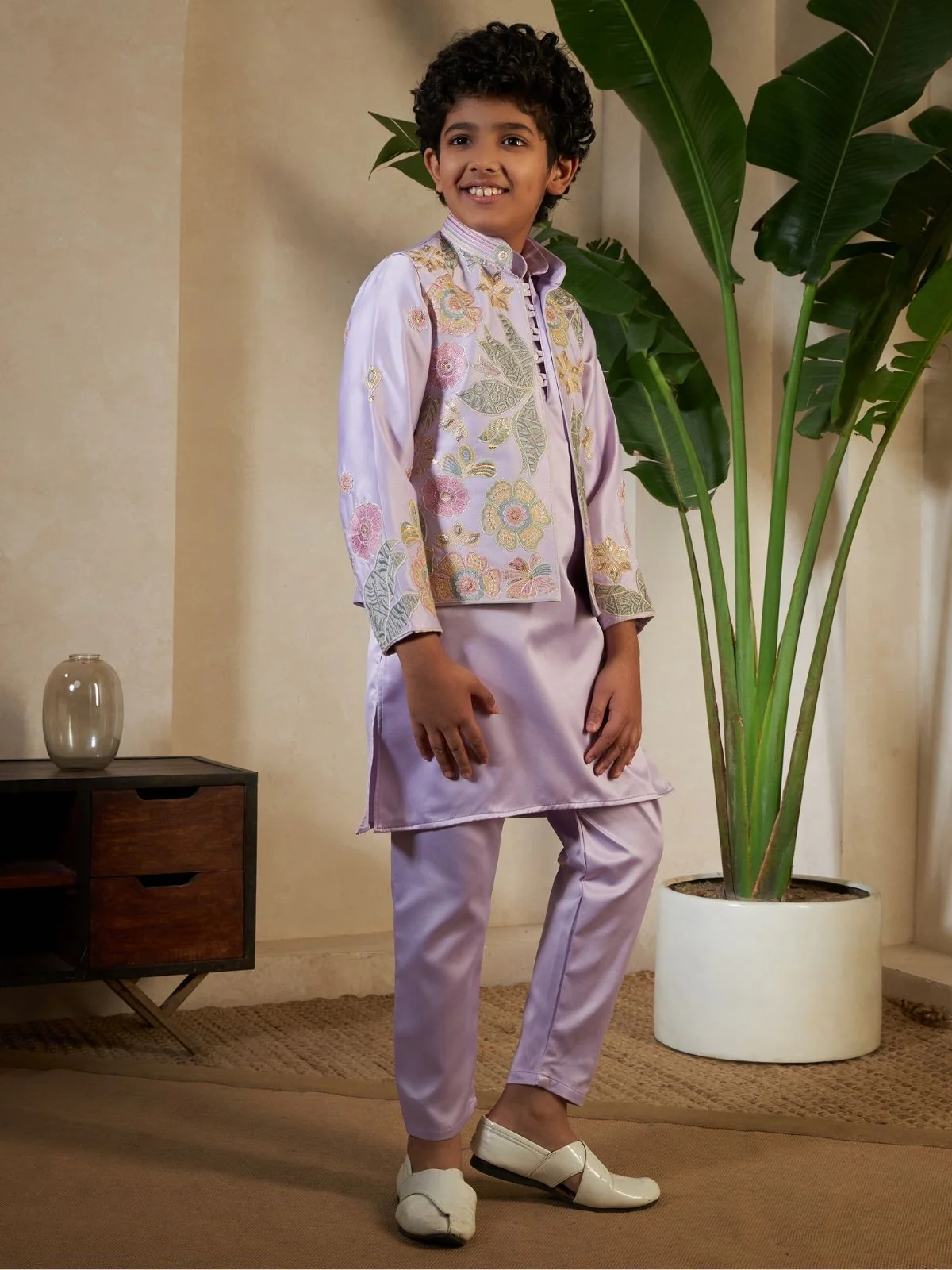 Odette Lavender Satin Embellished Stitched Kurta Set For Kids - Image 3