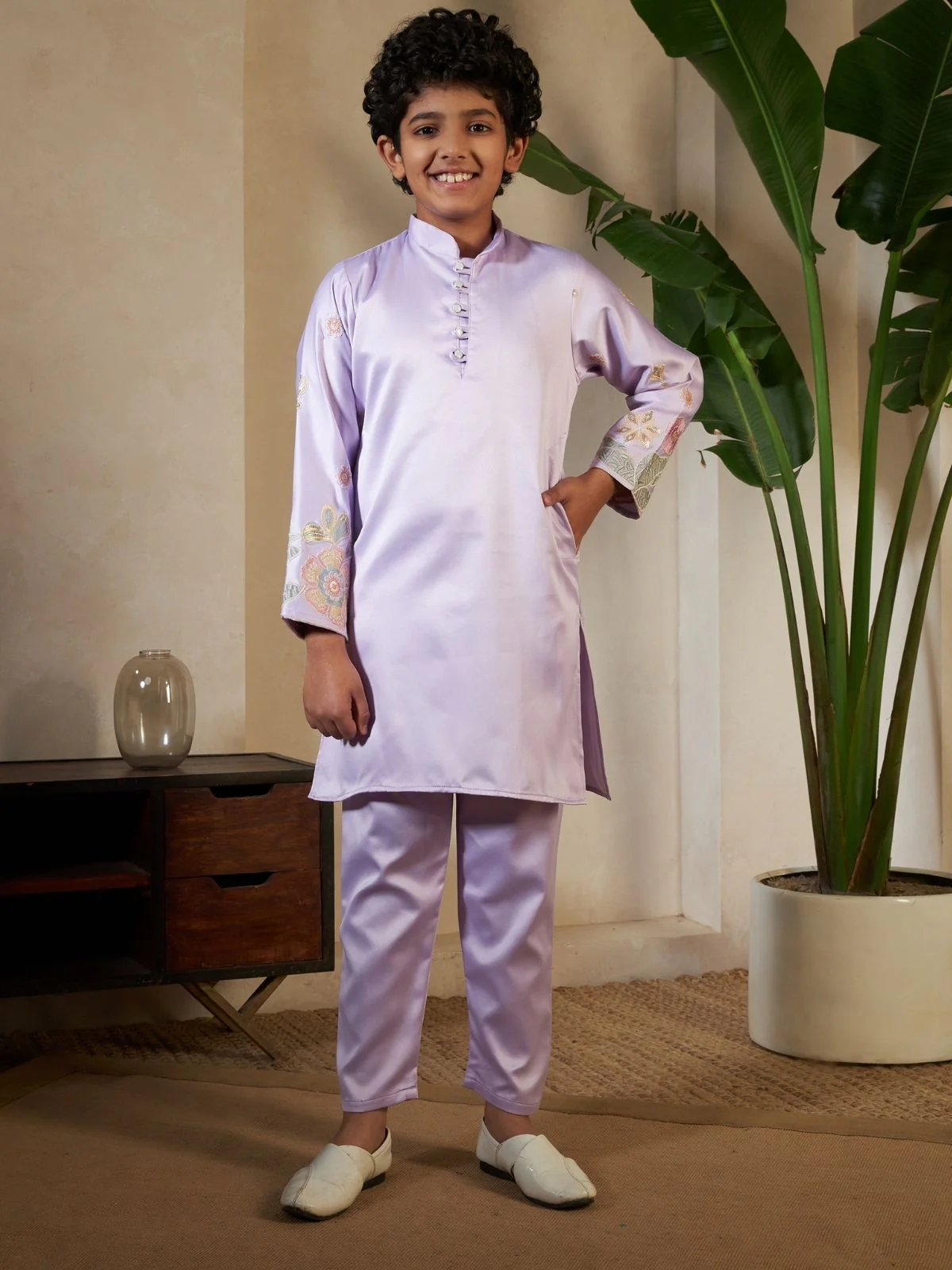 Odette Lavender Satin Embellished Stitched Kurta Set For Kids - Image 4