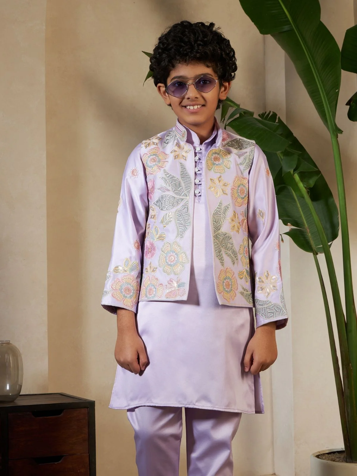 Odette Lavender Satin Embellished Stitched Kurta Set For Kids - Image 6