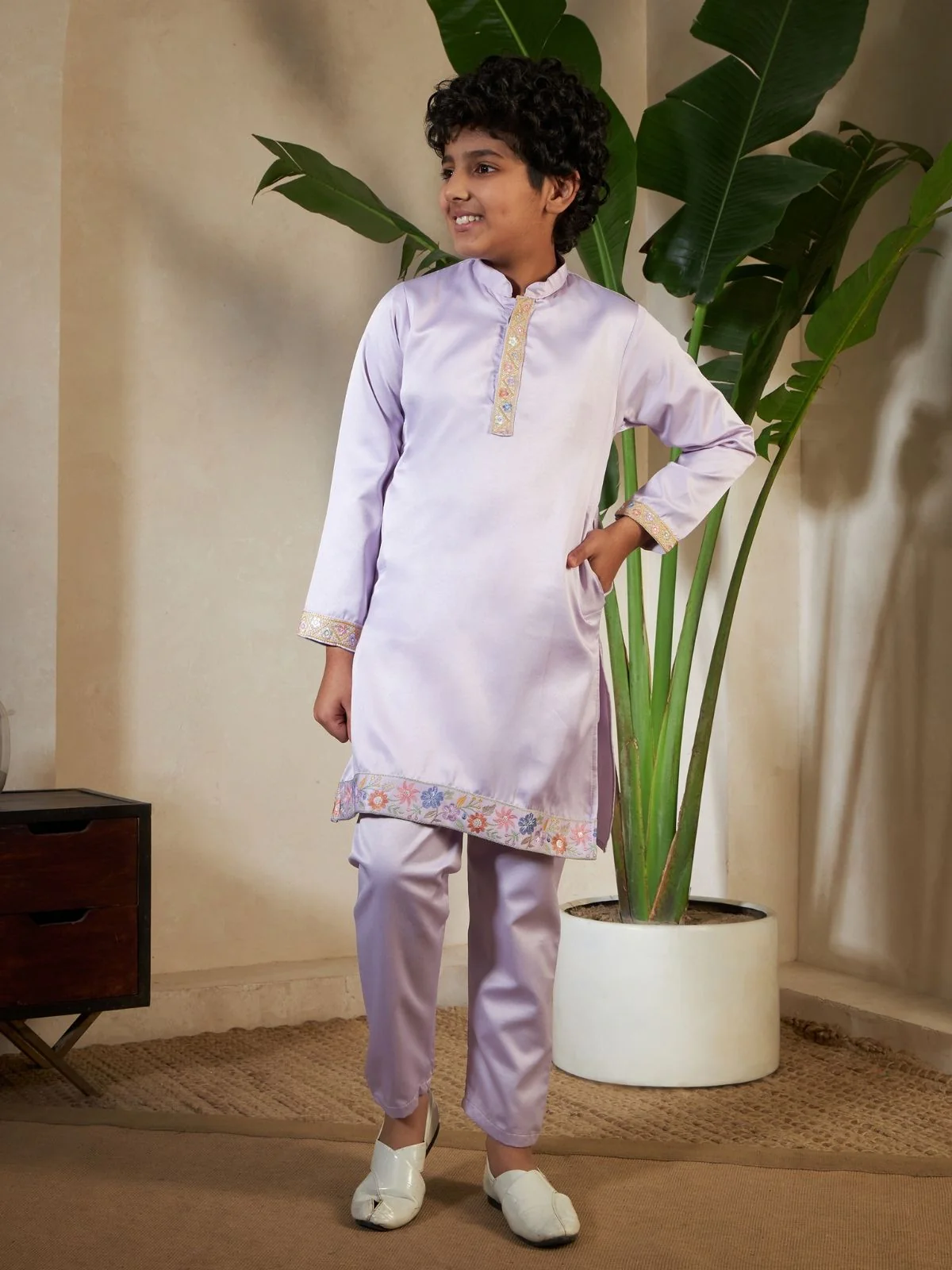 Odette Lavender Satin Embellished Stitched Kurta Set For Kids - Image 4