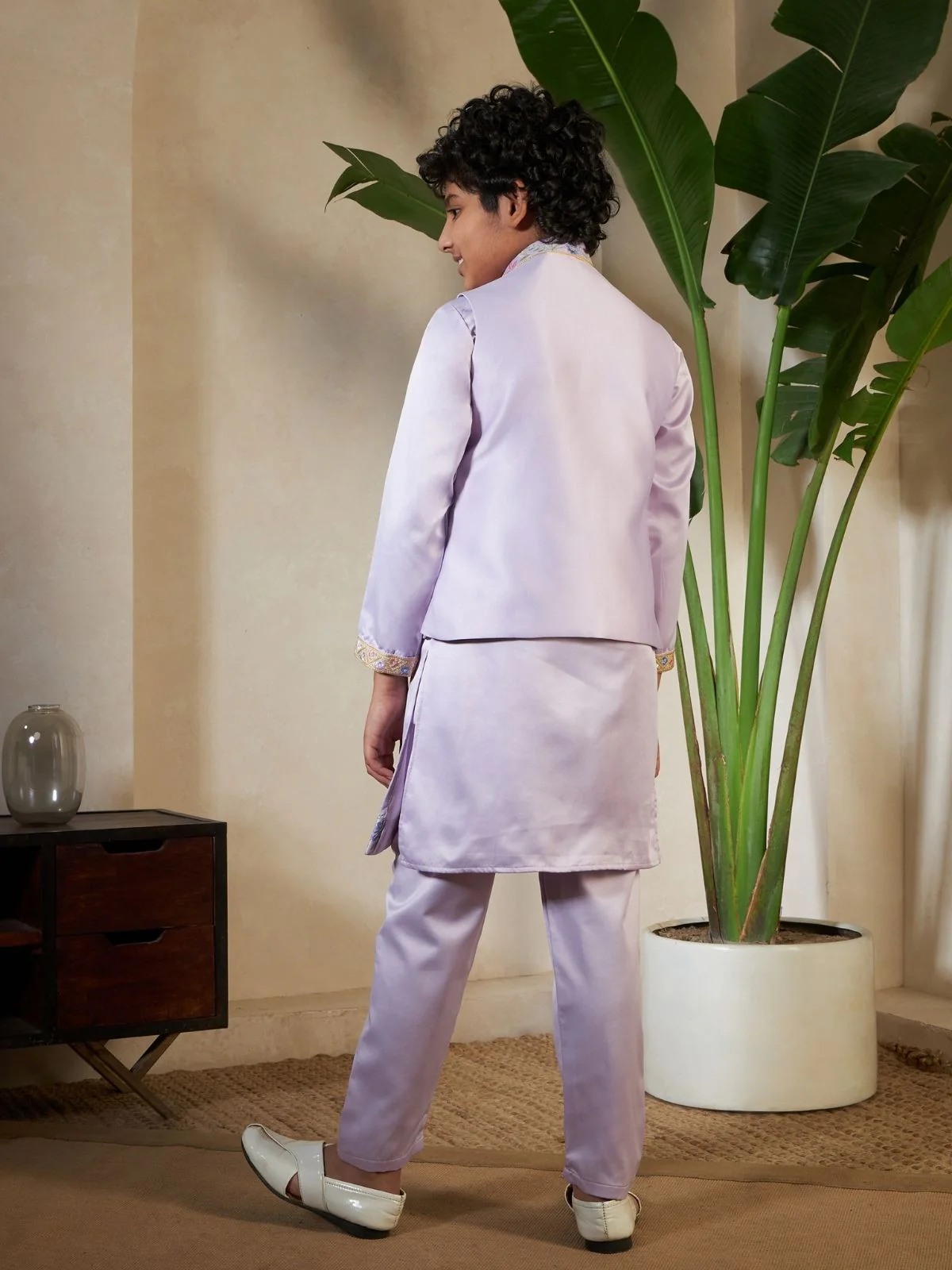 Odette Lavender Satin Embellished Stitched Kurta Set For Kids - Image 5