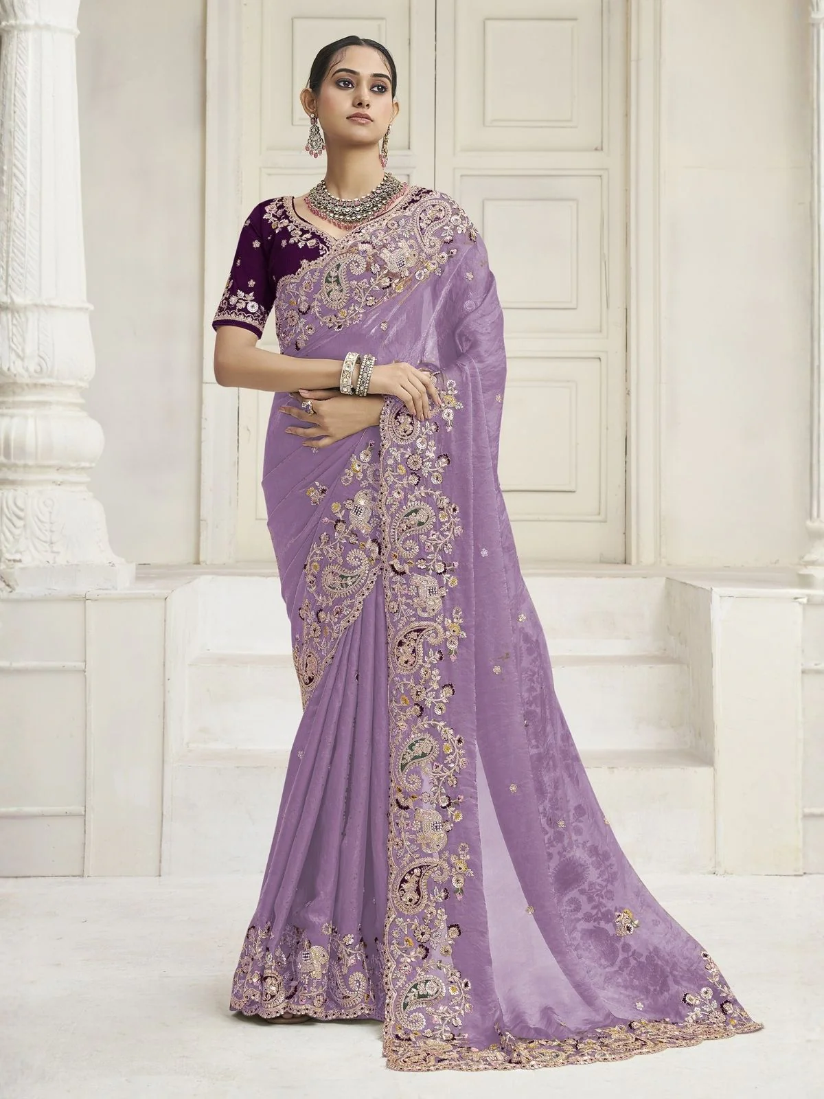 Odette Lavender Satin Embroidered Saree For Women