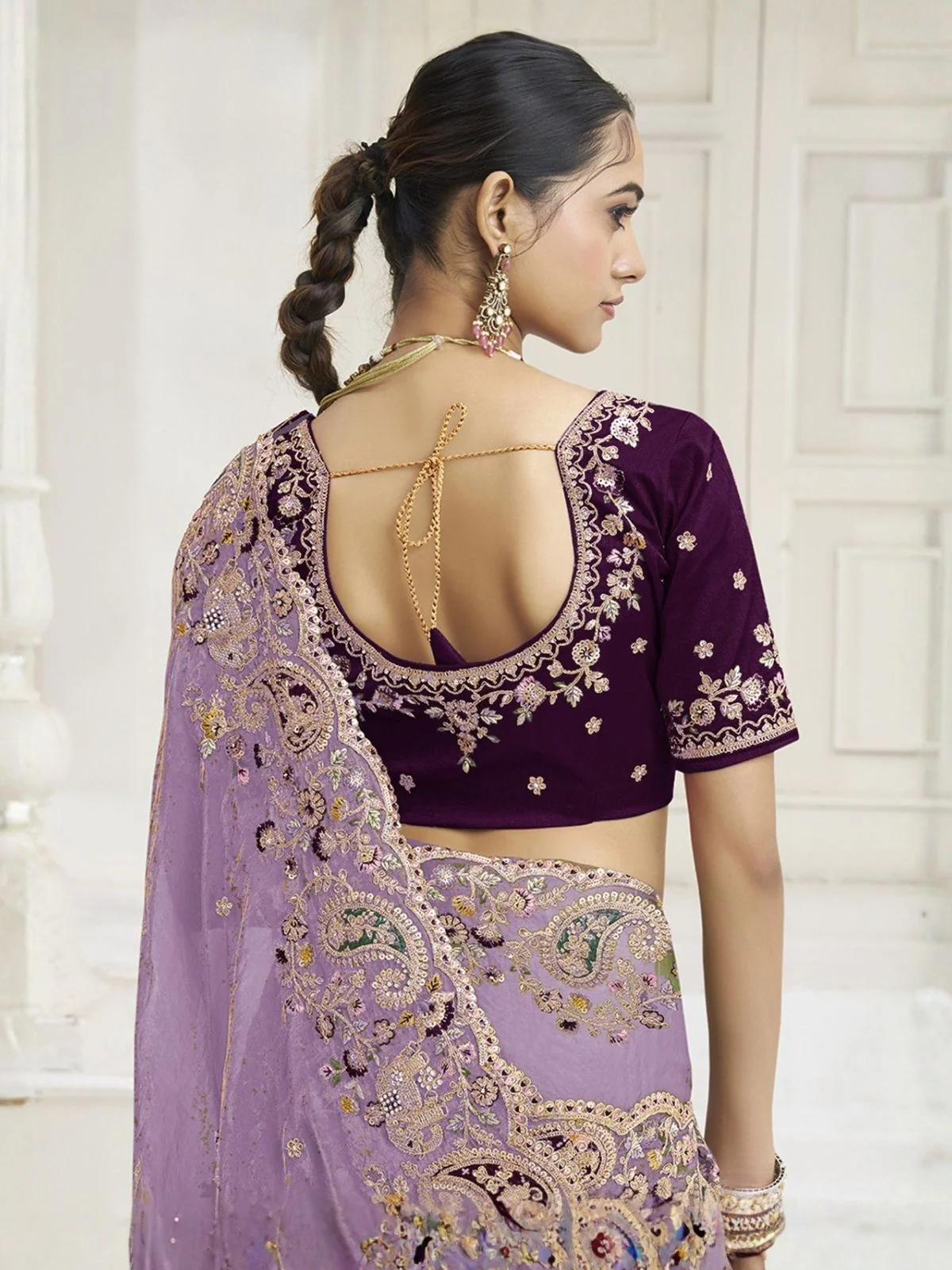 Odette Lavender Satin Embroidered Saree For Women - Image 3