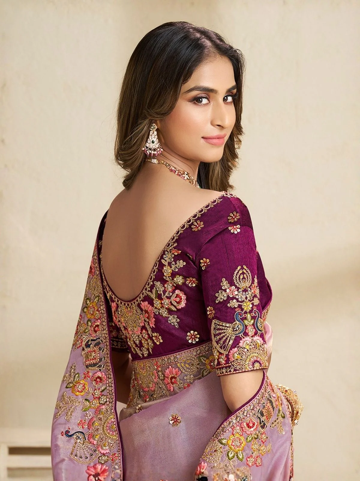 Odette Lavender Satin Embroidered Saree For Women - Image 3