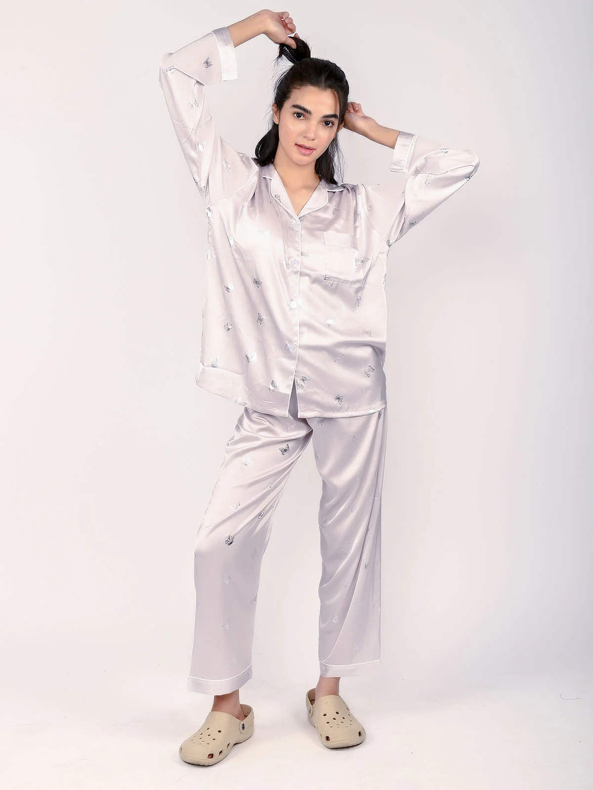 Odette Lavender Satin Printed Night Wear Set For Women - Image 4
