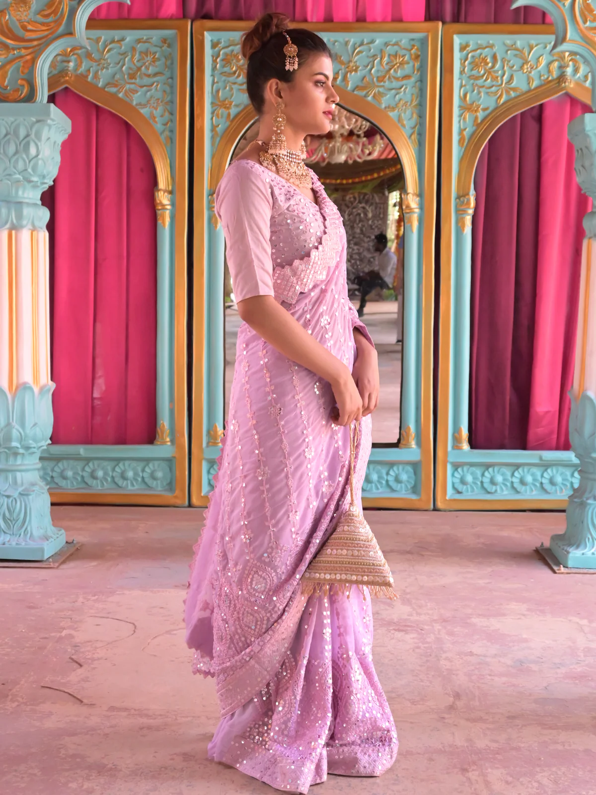 Odette Lavender Sequins Embroidered Georgette Saree with Unstitched Blouse for Women - Image 2