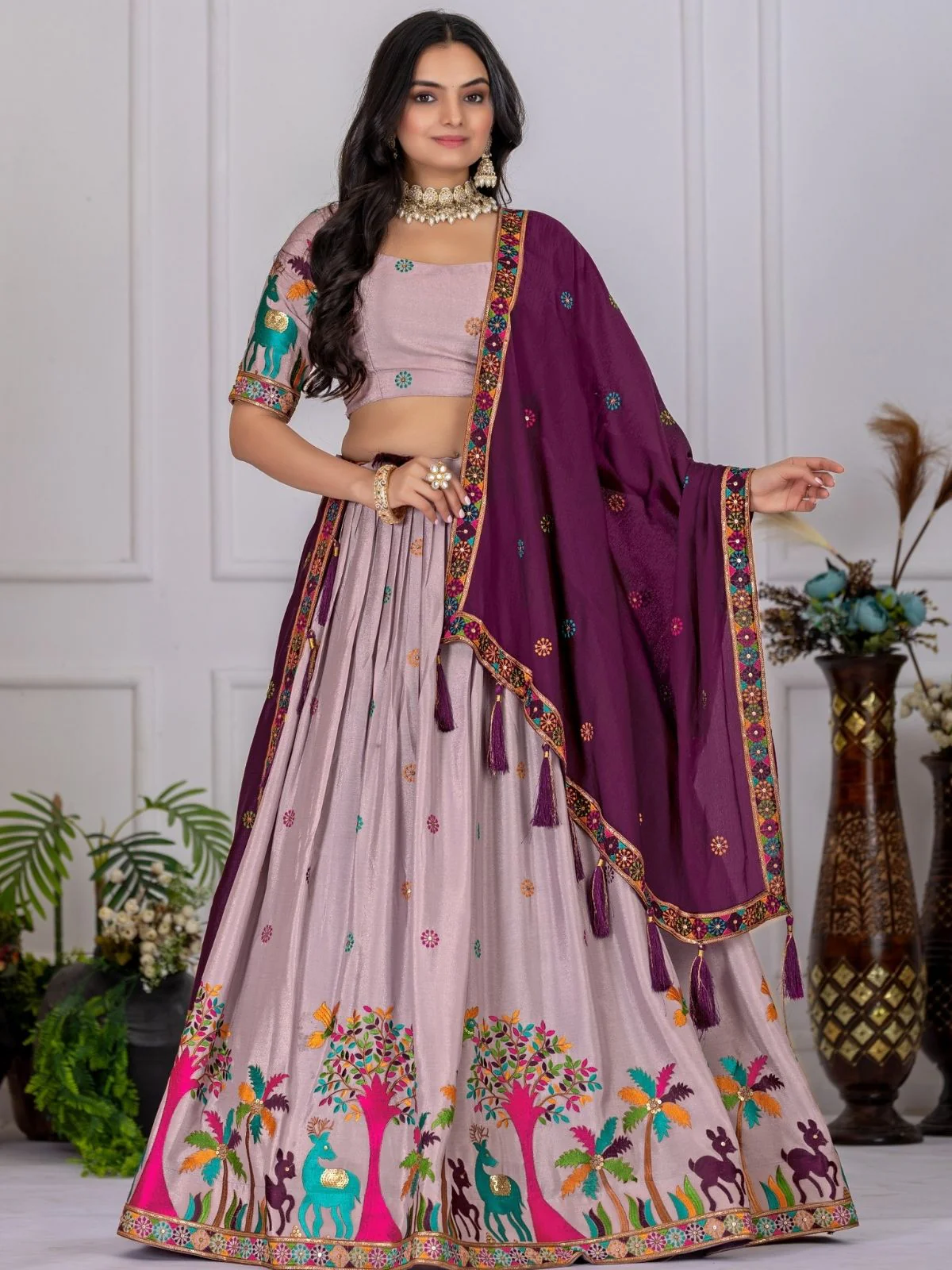 Odette Lavender Silk Blend Embroidered Semi-Stitched lehenga For Women - Image 3