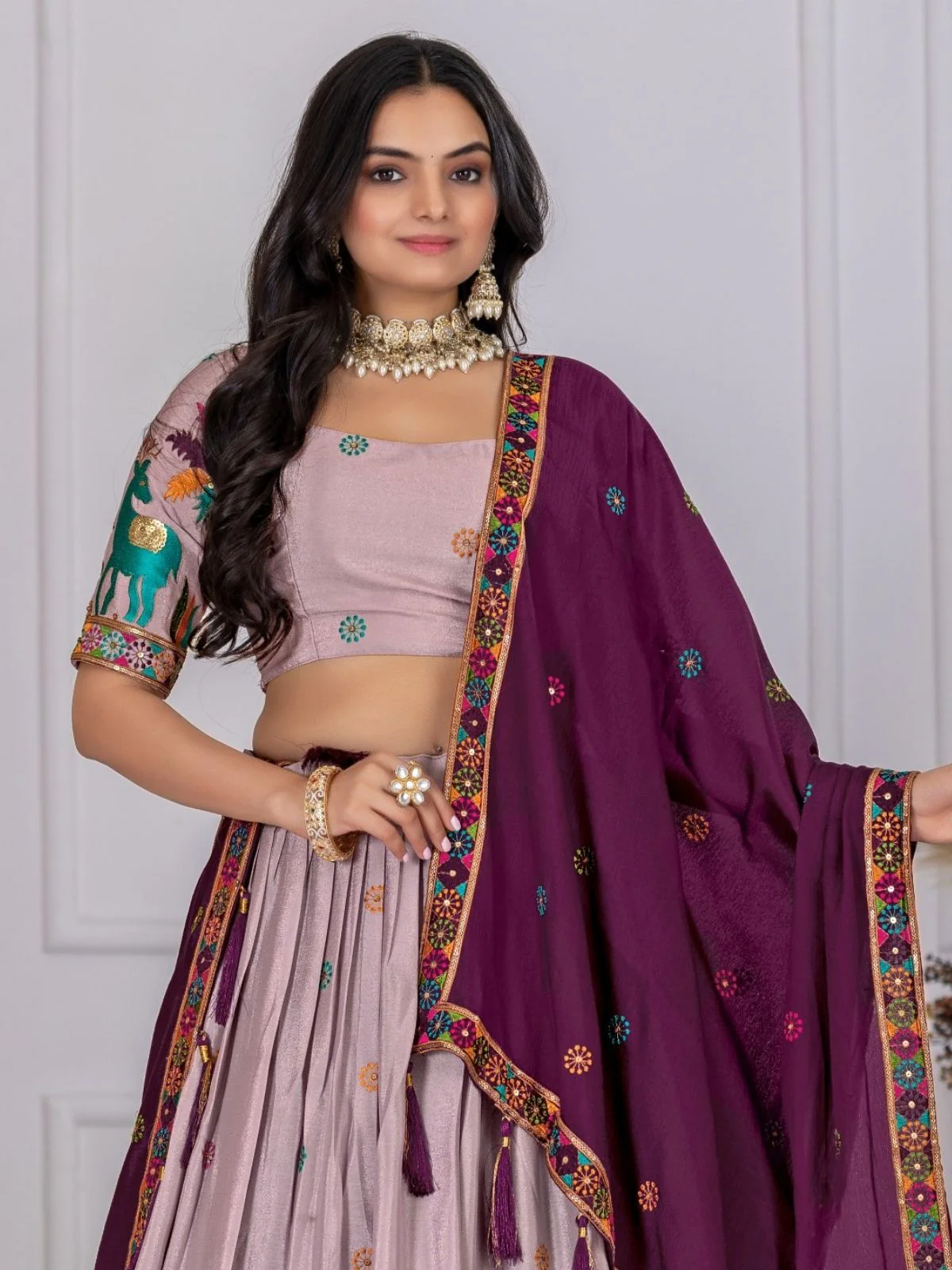 Odette Lavender Silk Blend Embroidered Semi-Stitched lehenga For Women - Image 4