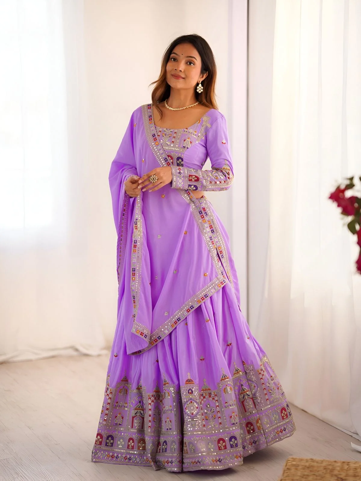 Odette Lavender Silk Blend Embroidered Semi-Stitched lehenga For Women - Image 3