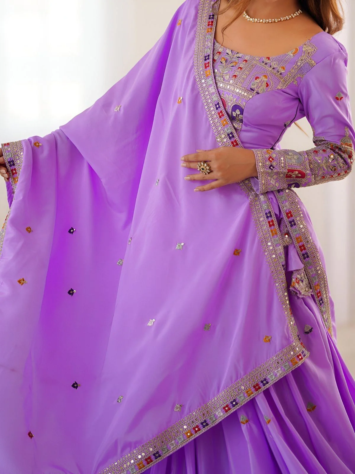 Odette Lavender Silk Blend Embroidered Semi-Stitched lehenga For Women - Image 4