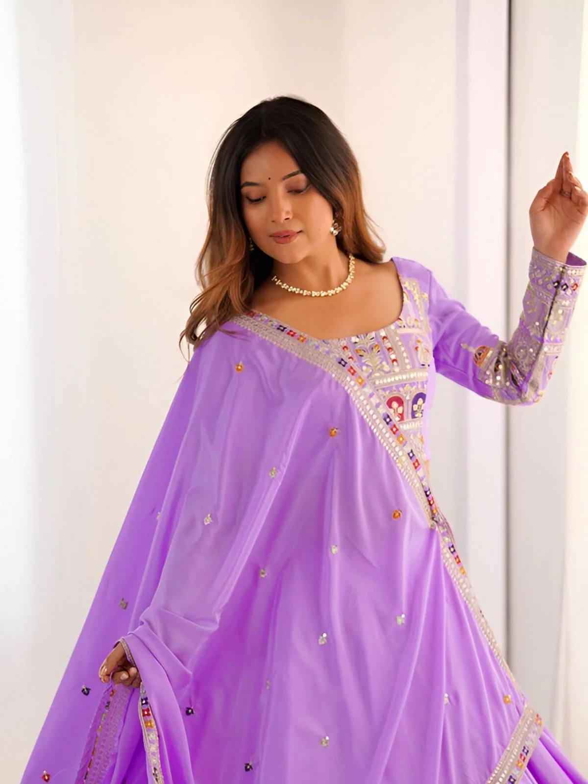 Odette Lavender Silk Blend Embroidered Semi-Stitched lehenga For Women - Image 5