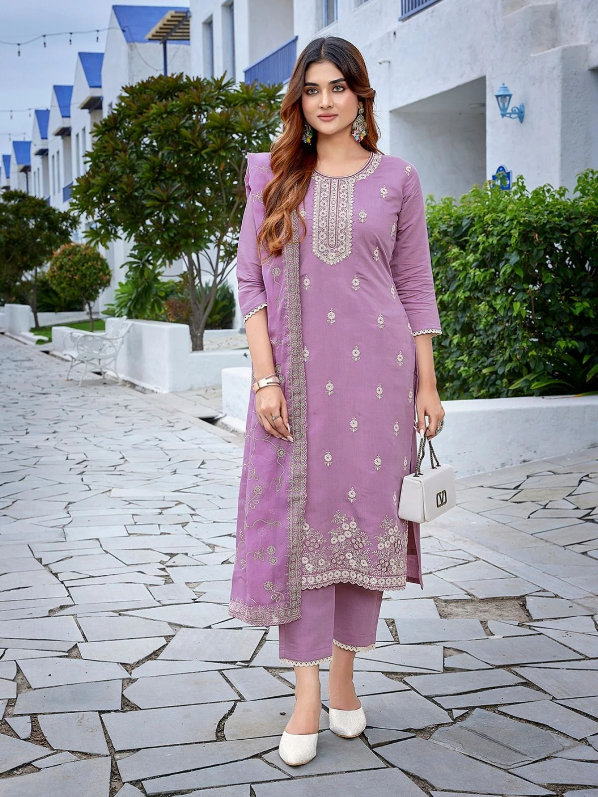 Odette Lavender Silk Blend Embroidered Stiched Kurta Set For Women