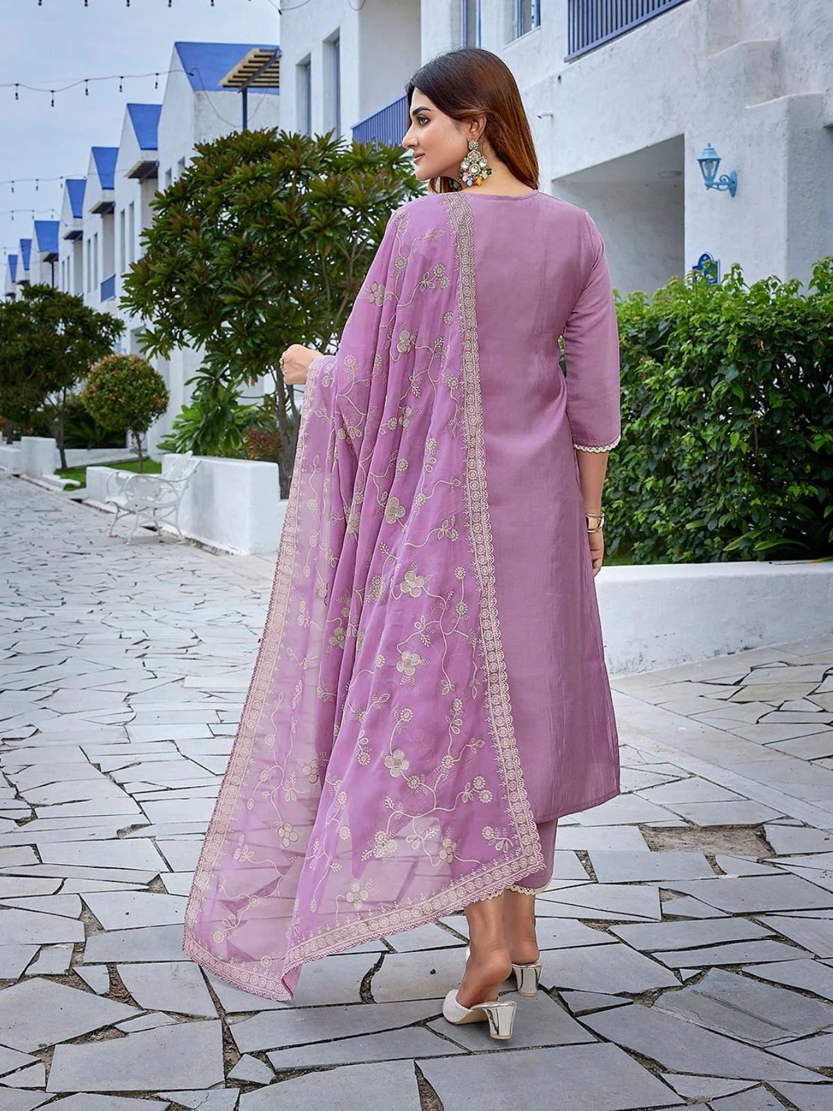 Odette Lavender Silk Blend Embroidered Stiched Kurta Set For Women - Image 3