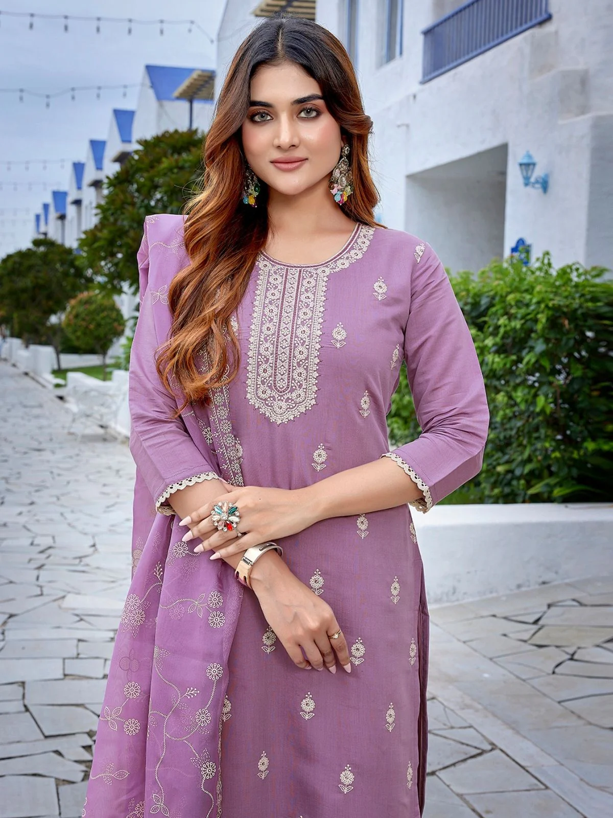 Odette Lavender Silk Blend Embroidered Stiched Kurta Set For Women - Image 4