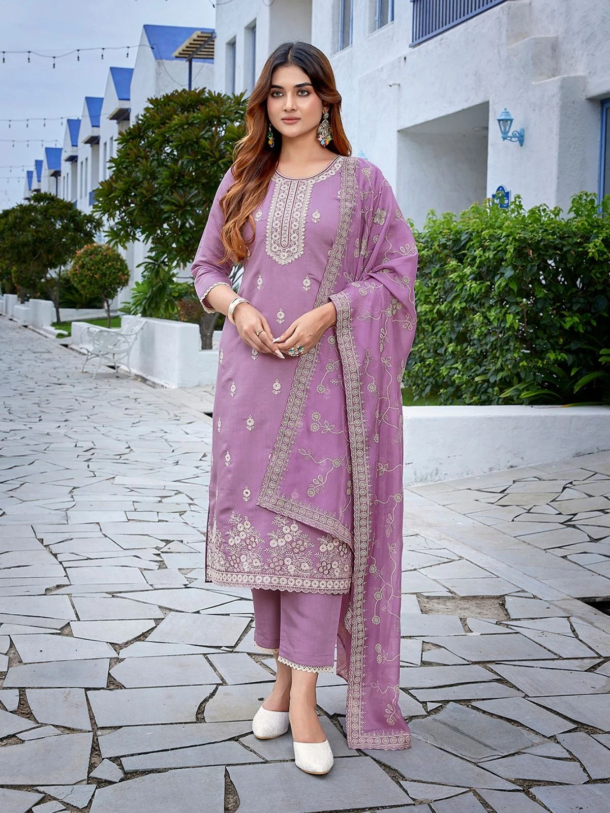 Odette Lavender Silk Blend Embroidered Stiched Kurta Set For Women - Image 6