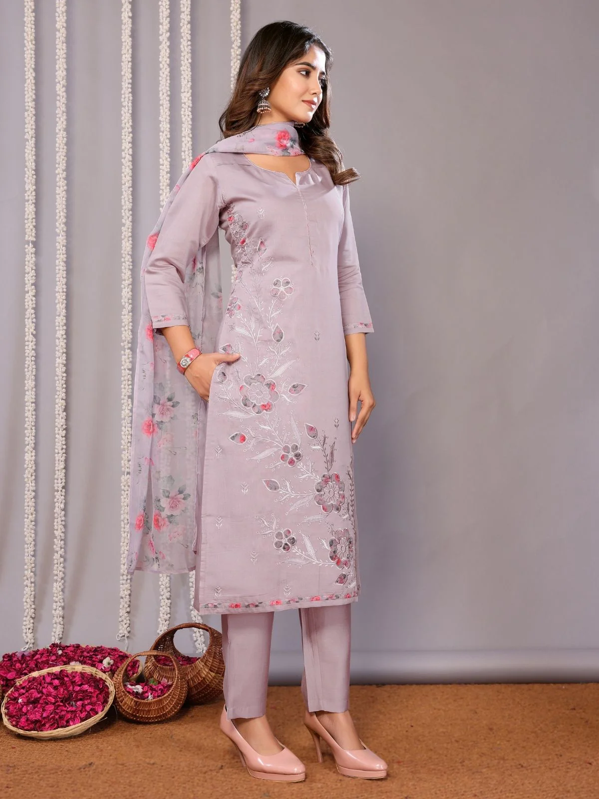 Odette Lavender Silk Blend Embroidered Stiched Kurta Set For Women - Image 2