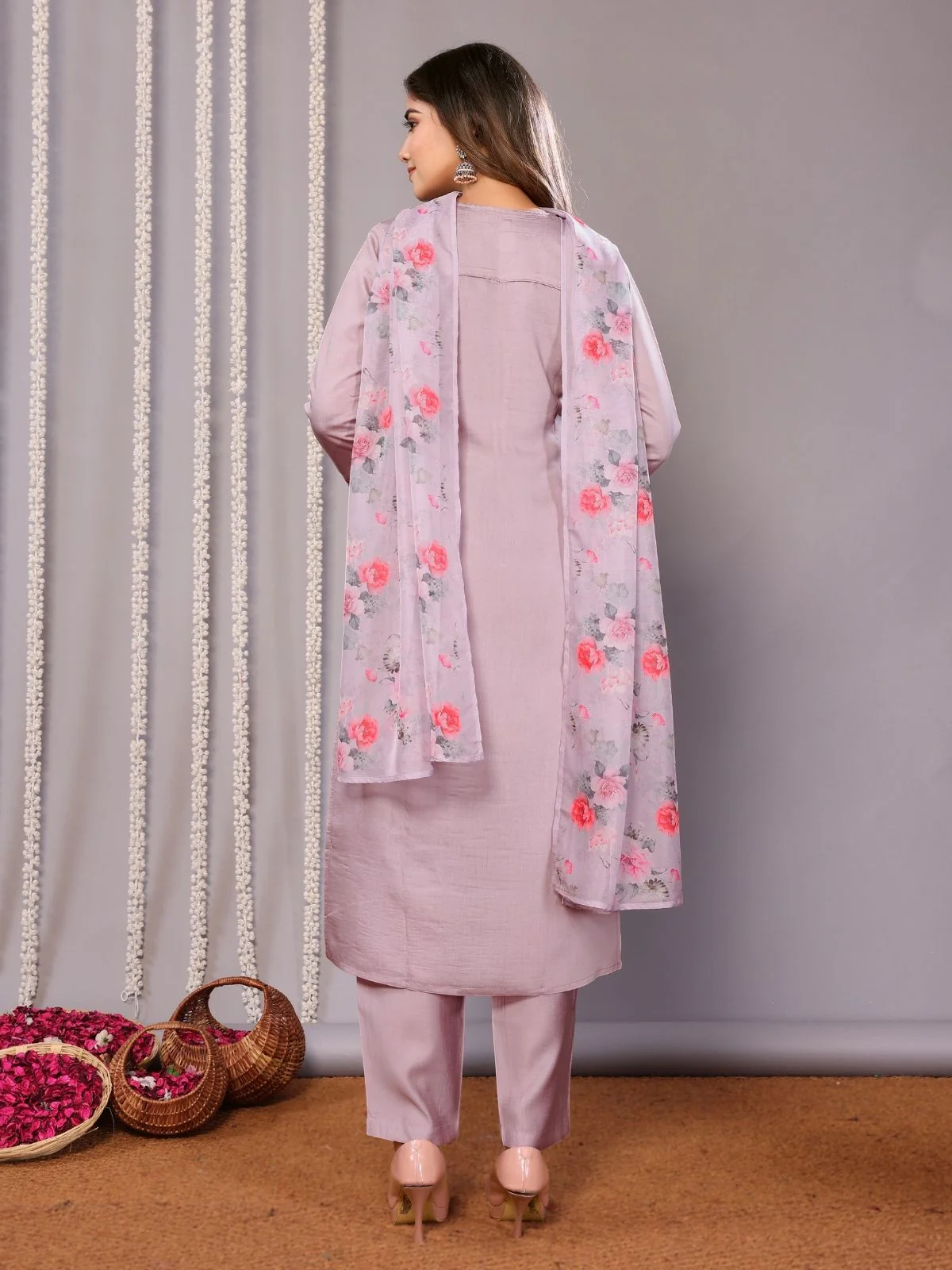 Odette Lavender Silk Blend Embroidered Stiched Kurta Set For Women - Image 3