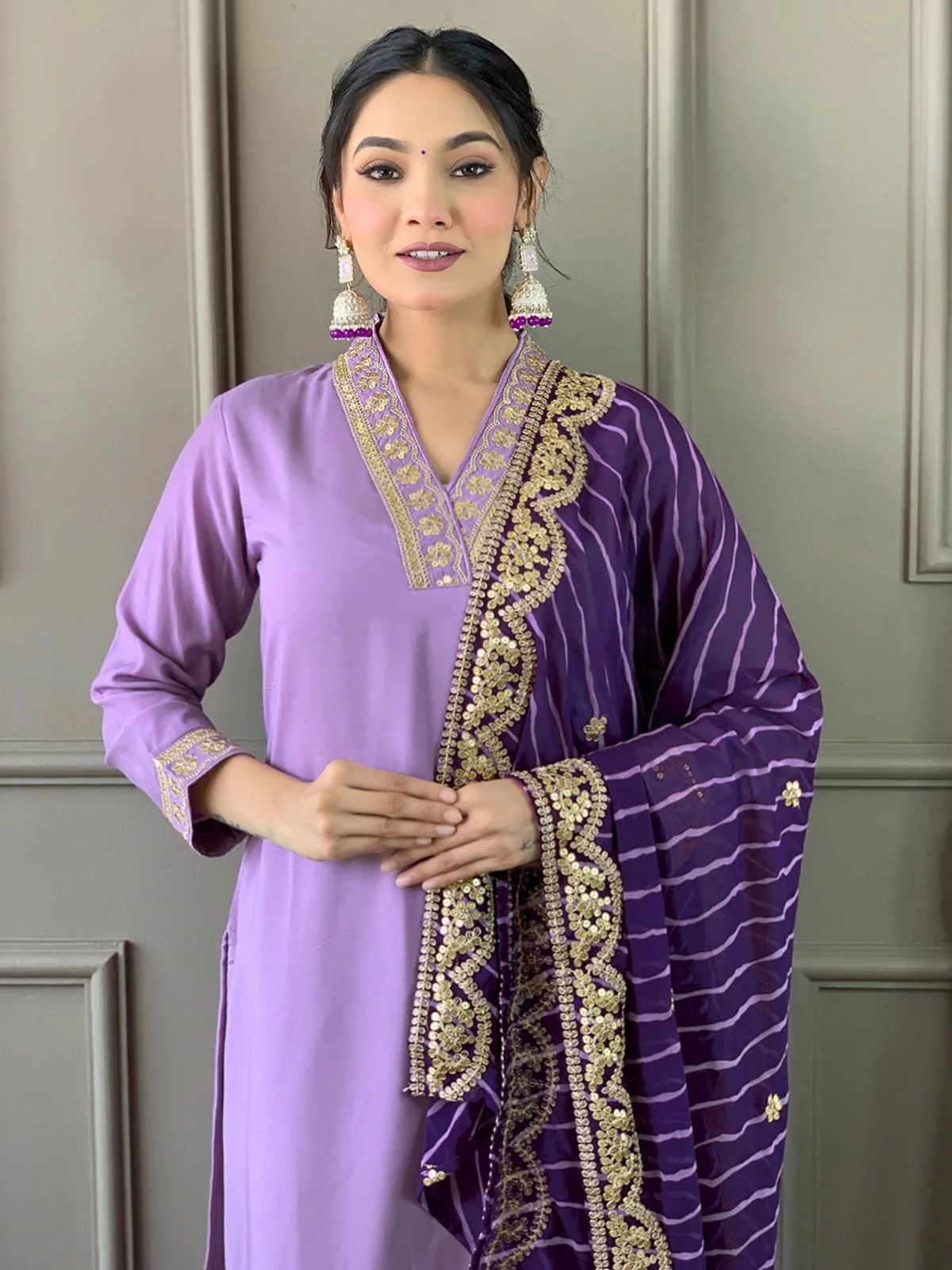 Odette Lavender Silk Blend  Embroidered Stitched Kurta Set for Women - Image 4