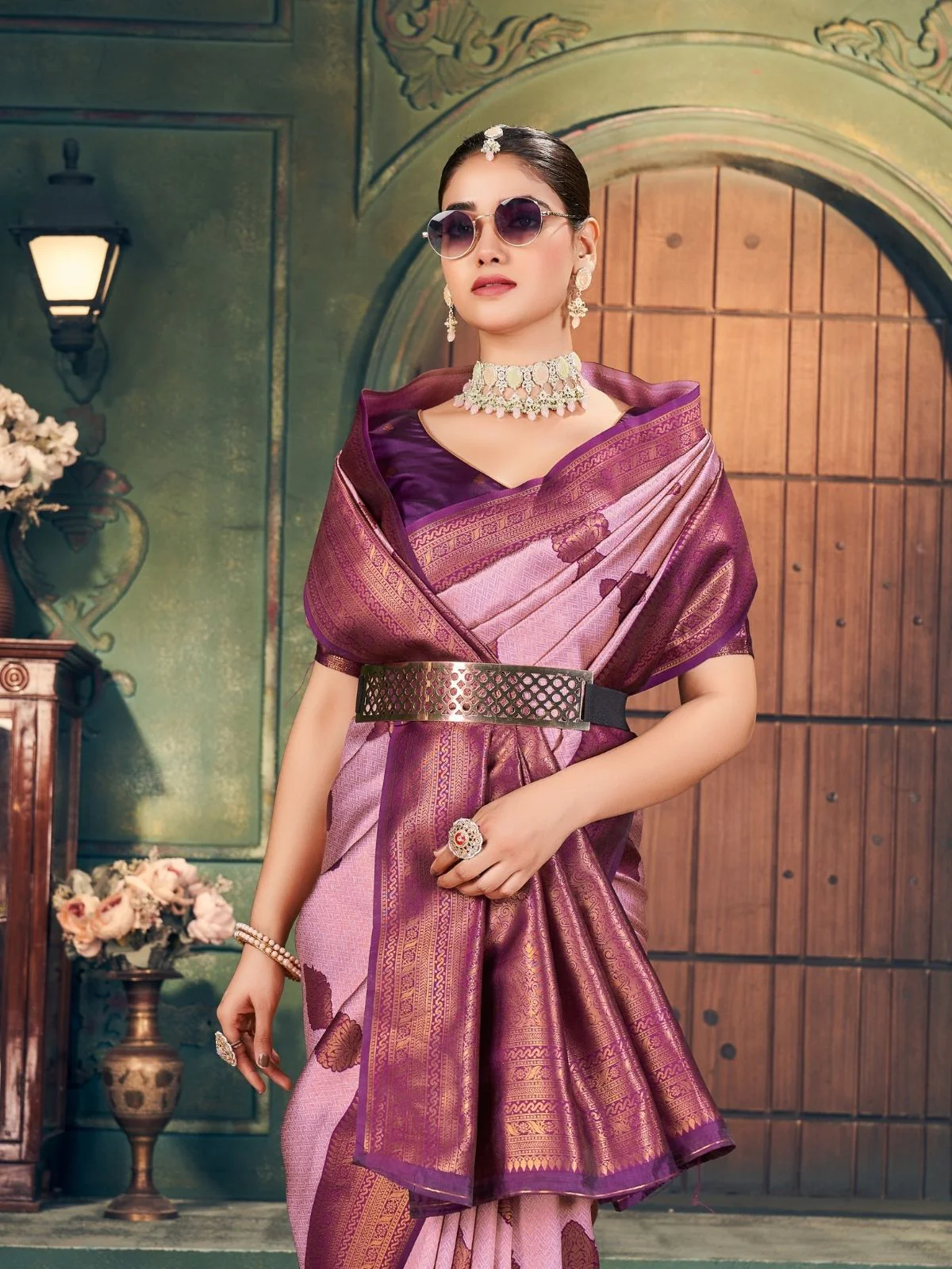 Odette Lavender Silk Blend Woven Saree For Women - Image 4