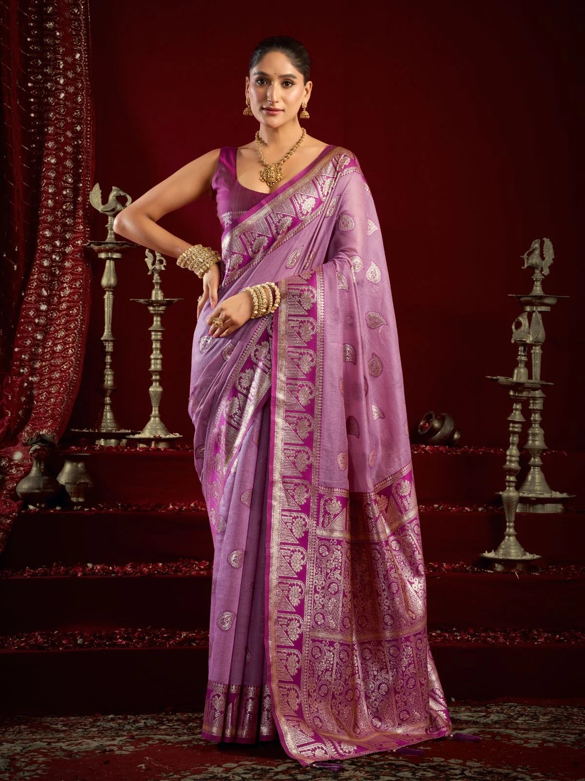 Odette Lavender Silk Blend Woven Saree For Women