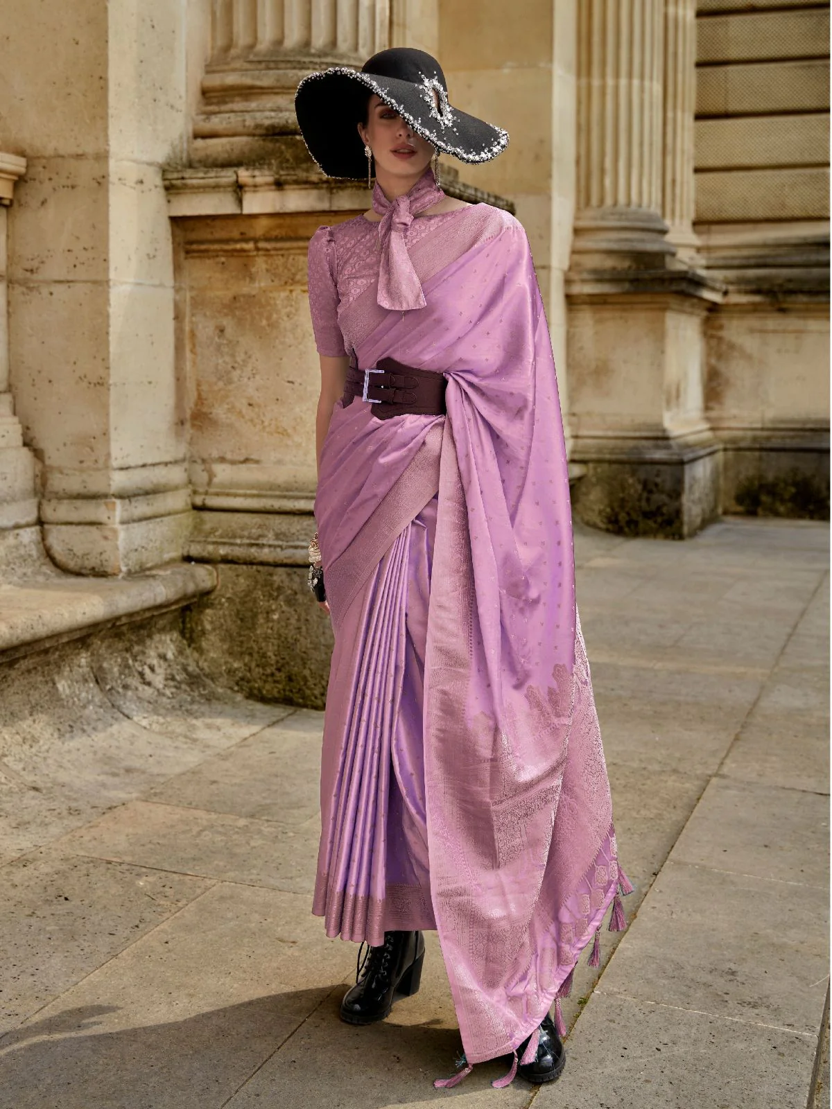 Odette Lavender Silk Blend Woven Saree With Unstitched Blouse For Women