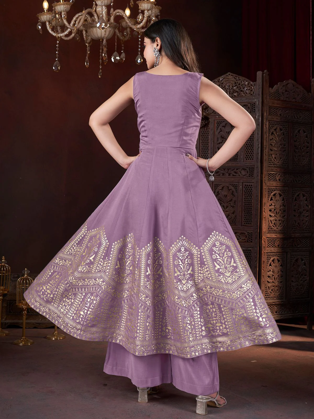 Odette Lavender Silk Blend Woven Stitched Kurta Set For Women - Image 3