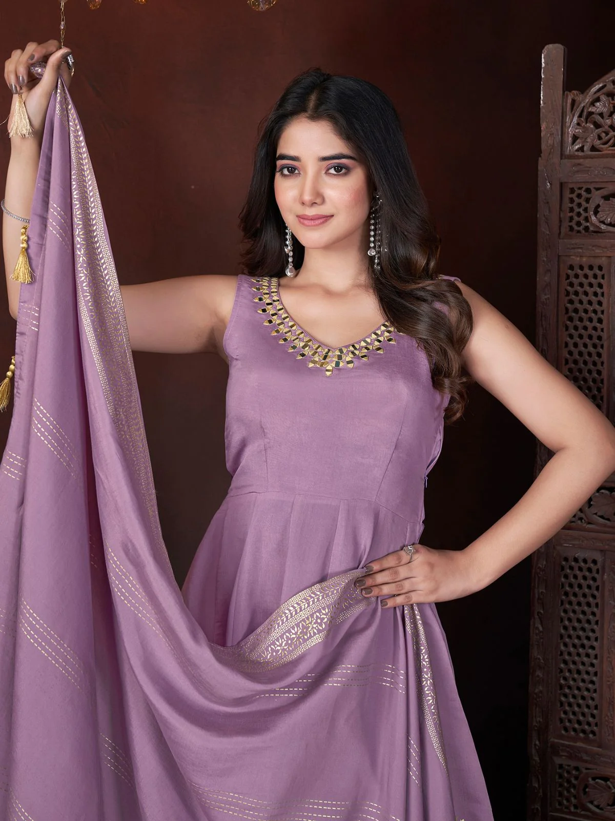 Odette Lavender Silk Blend Woven Stitched Kurta Set For Women - Image 4