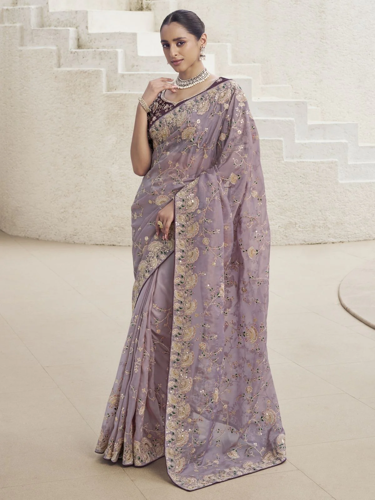 Odette Lavender Silk Blend Embroidered Saree With Unstitched Blouse For Women