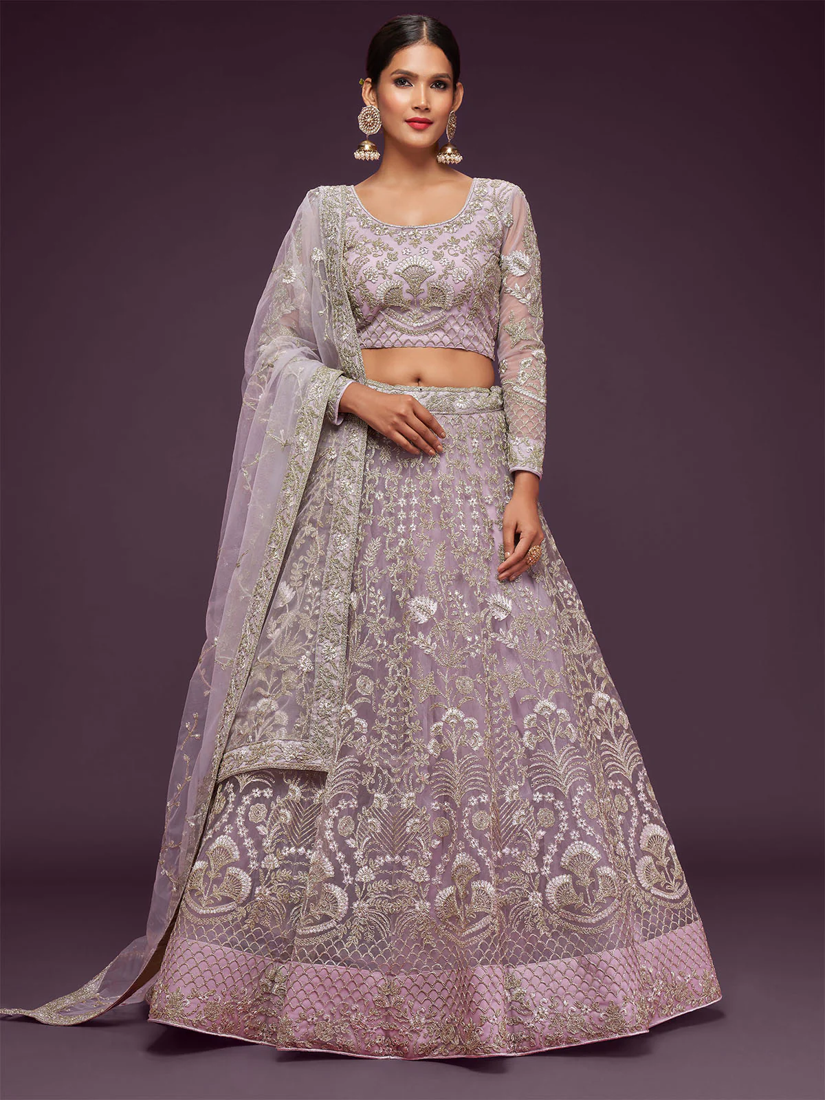 Odette Lavender Soft Net Embellished Semi Stitched Lehenga With Unstitched Blouse For Women - Image 2