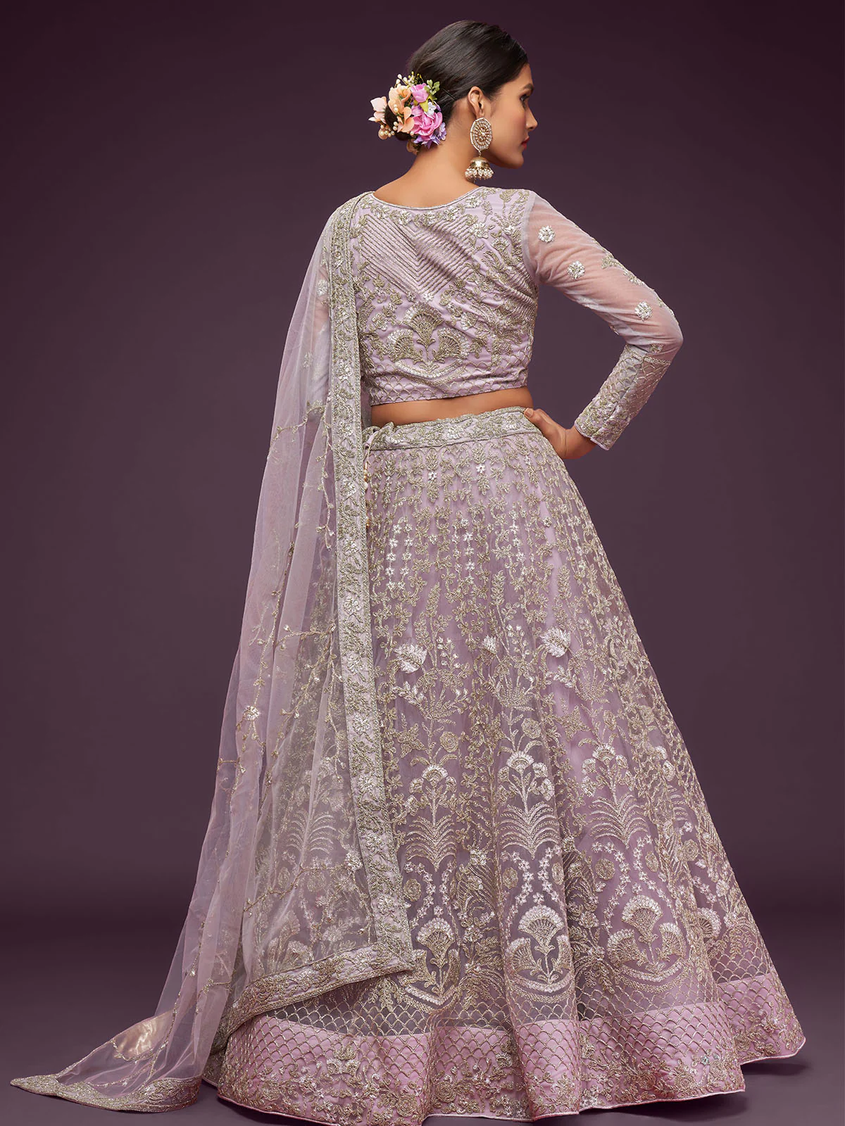 Odette Lavender Soft Net Embellished Semi Stitched Lehenga With Unstitched Blouse For Women - Image 3