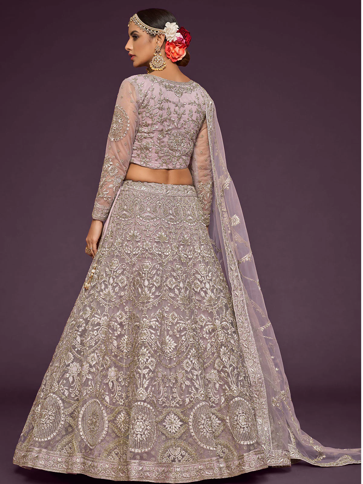 Odette Lavender Soft Net Embellished Semi Stitched Lehenga With Unstitched Blouse For Women - Image 2