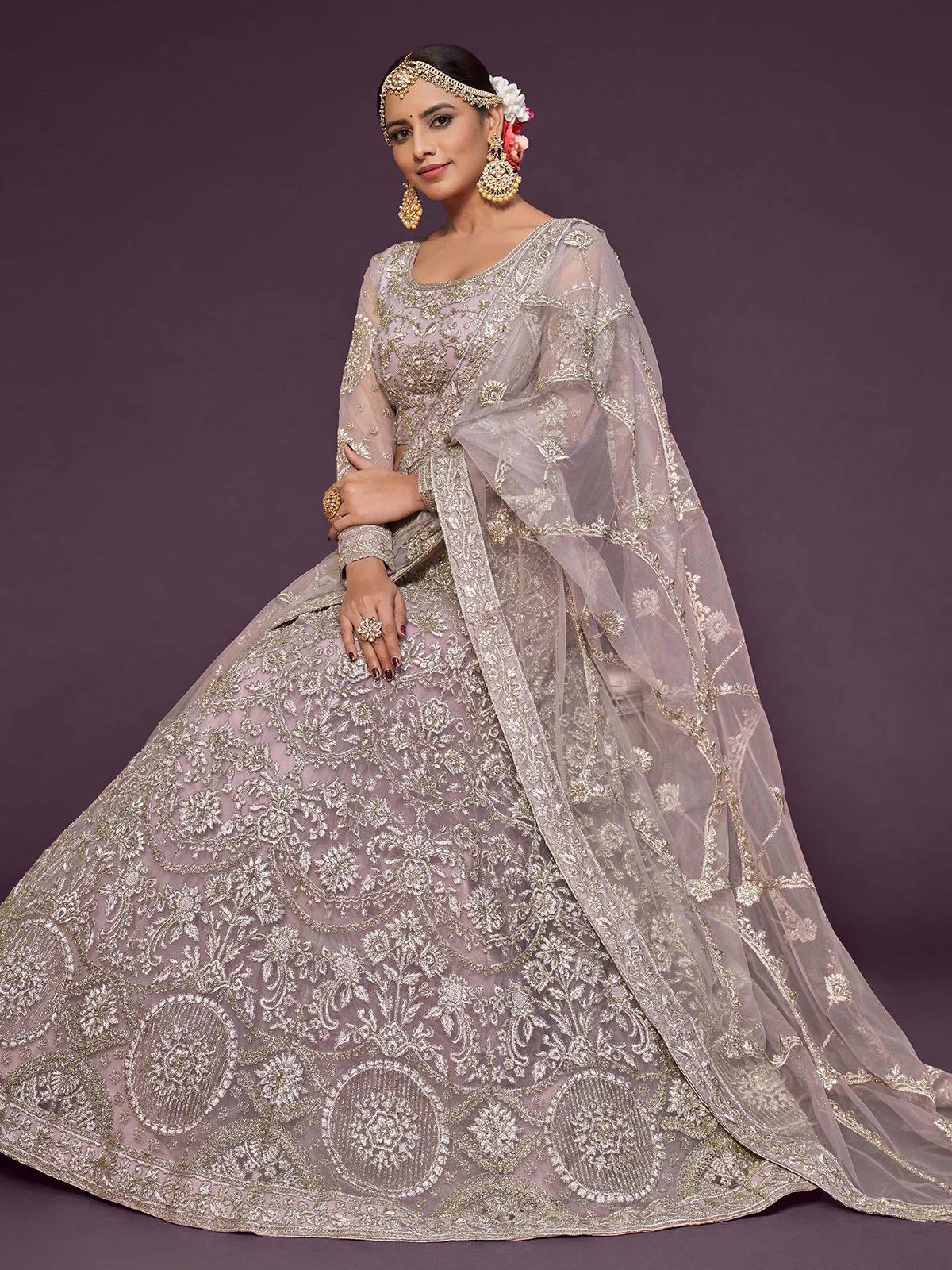 Odette Lavender Soft Net Embellished Semi Stitched Lehenga With Unstitched Blouse For Women - Image 3