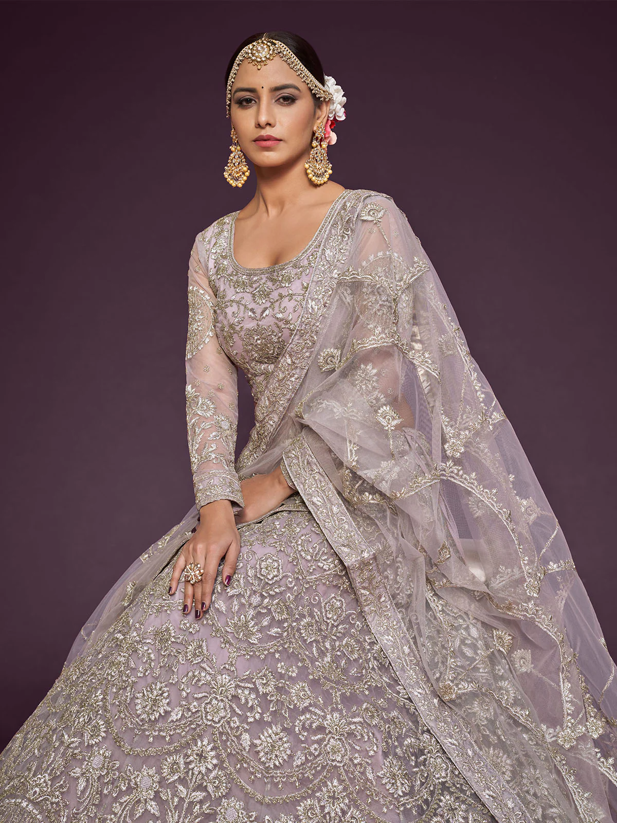 Odette Lavender Soft Net Embellished Semi Stitched Lehenga With Unstitched Blouse For Women - Image 4