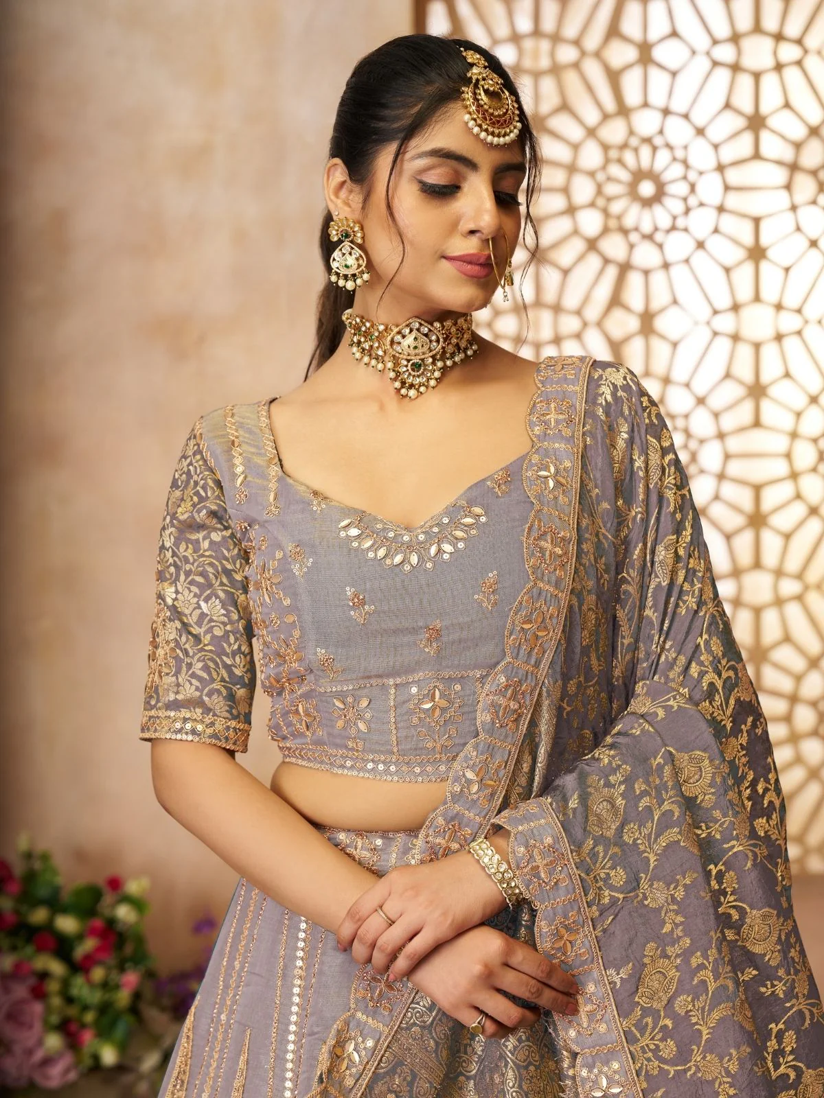 Odette Lavender Tissue Embroidered Semi-Stitched Lehenga For Women - Image 3