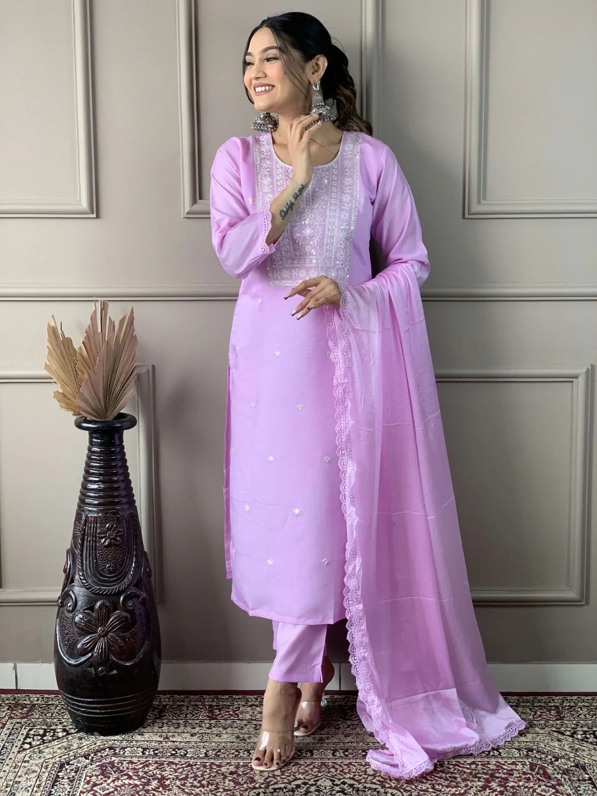 Odette Lavender Viscose Embroidered Stitched Kurta Set For Women - Image 3
