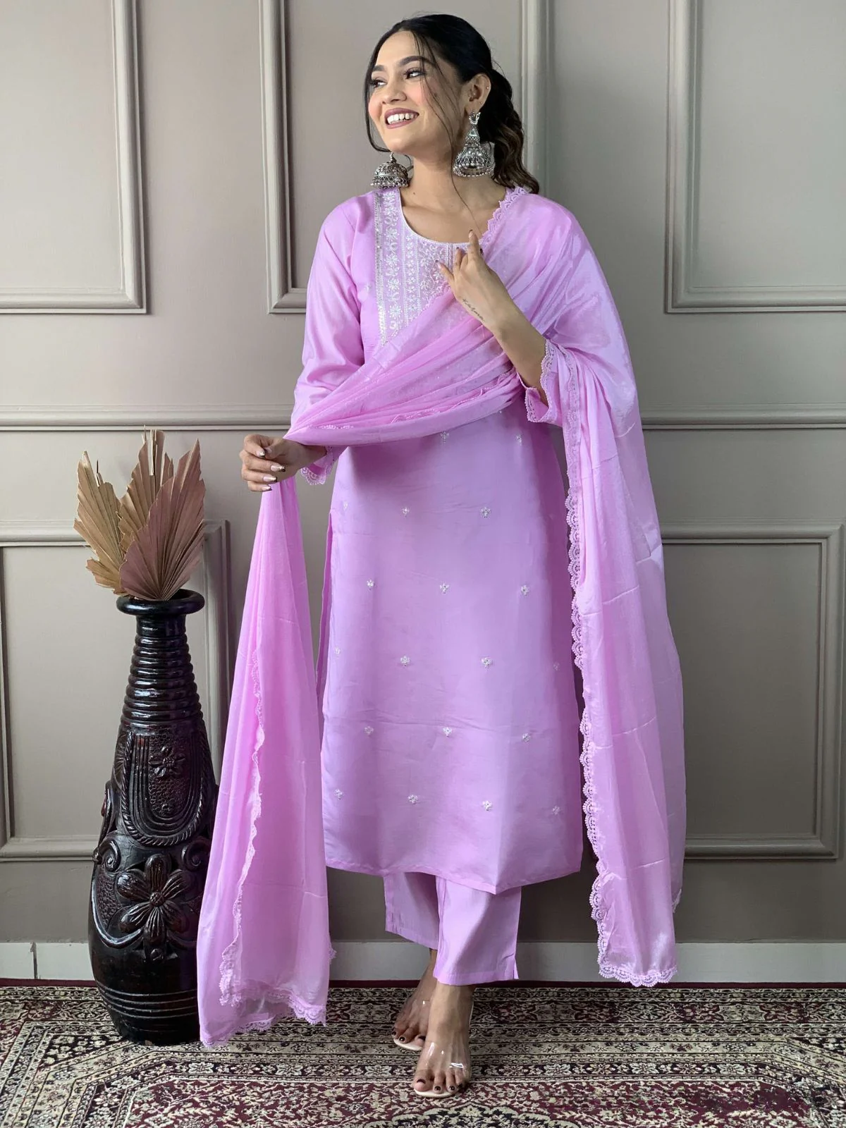 Odette Lavender Viscose Embroidered Stitched Kurta Set For Women - Image 4
