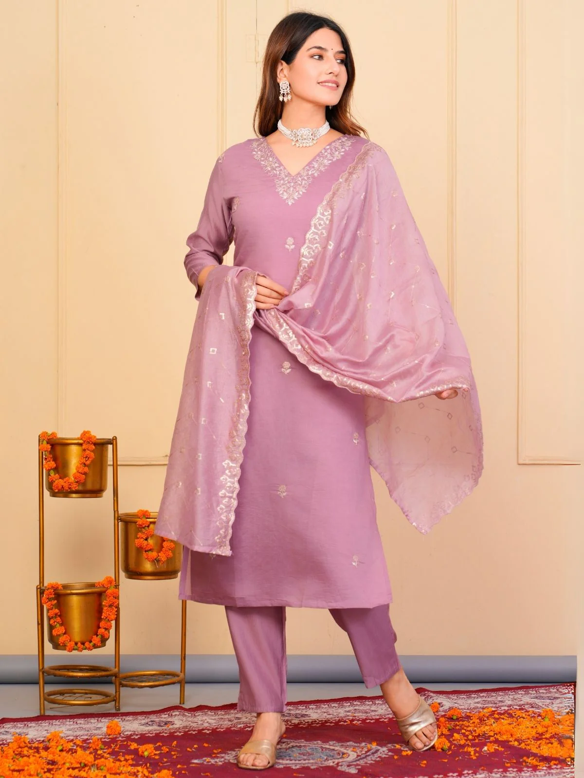 Odette Lavender Viscose Embroidered Stitched Kurta Set For Women - Image 2