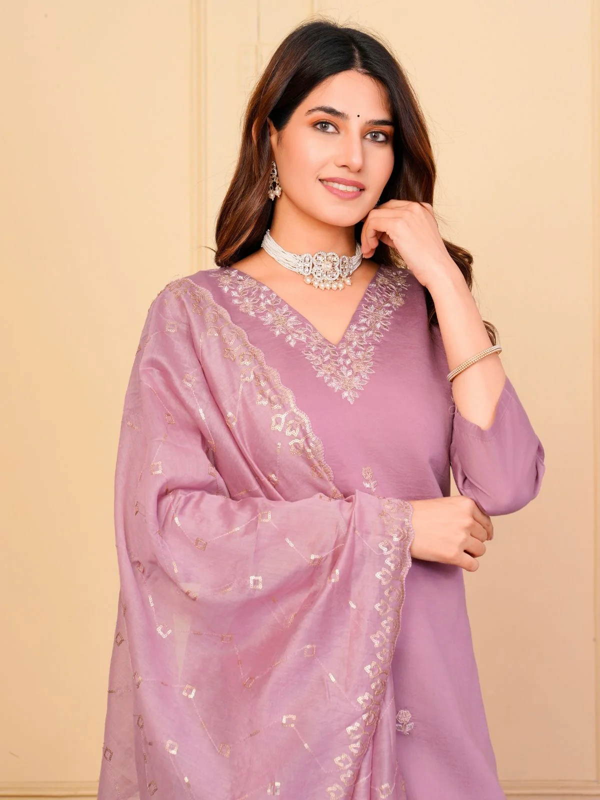 Odette Lavender Viscose Embroidered Stitched Kurta Set For Women - Image 3