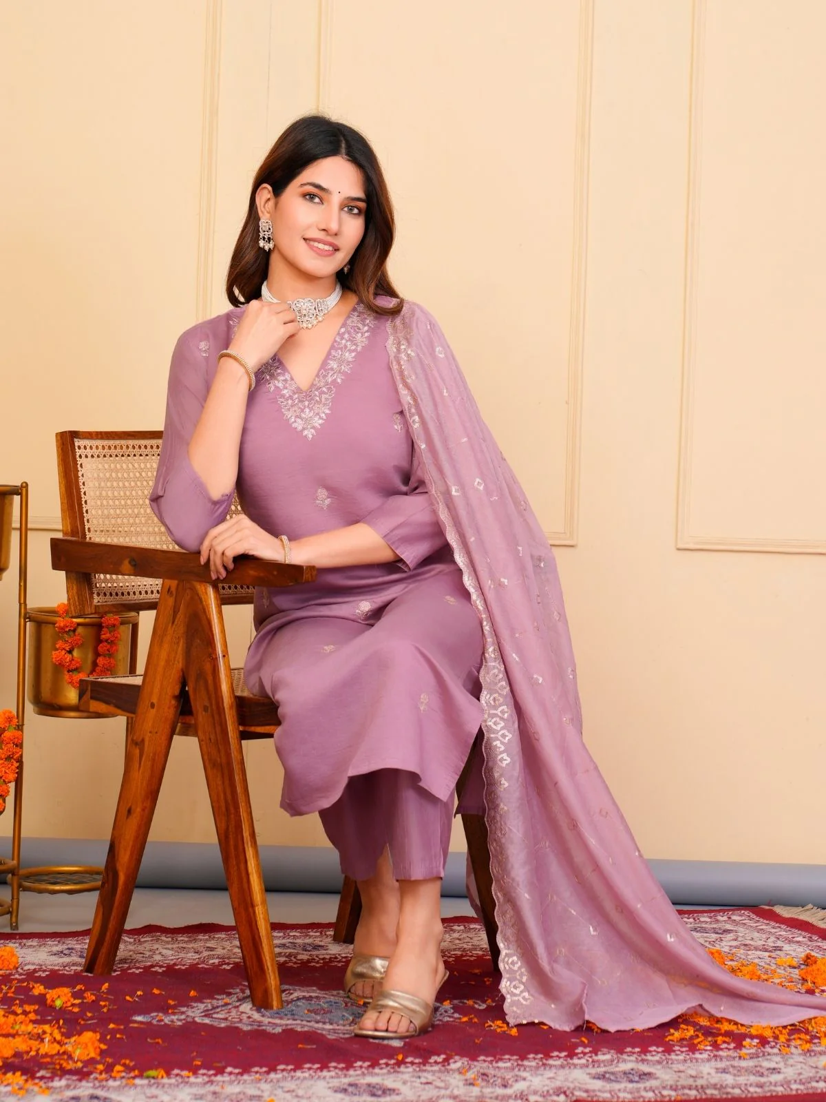 Odette Lavender Viscose Embroidered Stitched Kurta Set For Women - Image 4