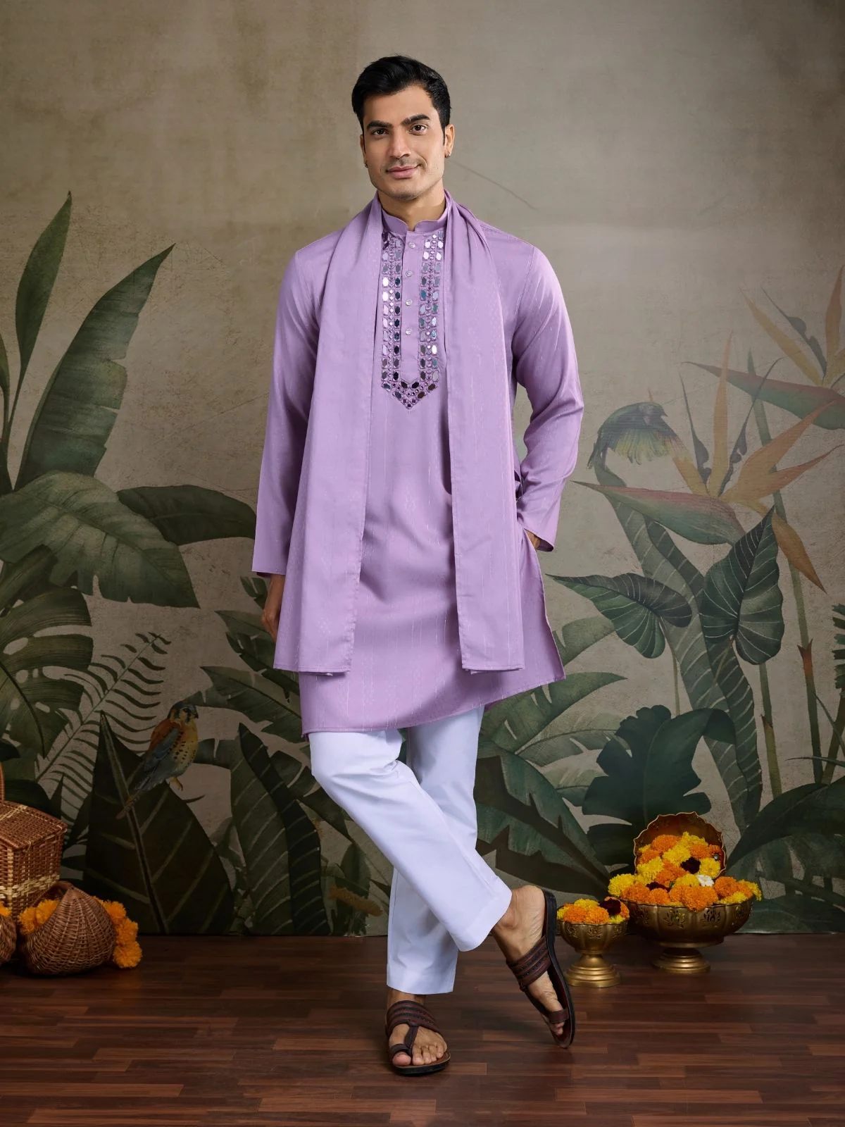 Odette Lavender Viscose Rayon Embellished Stitched Kurta For Men