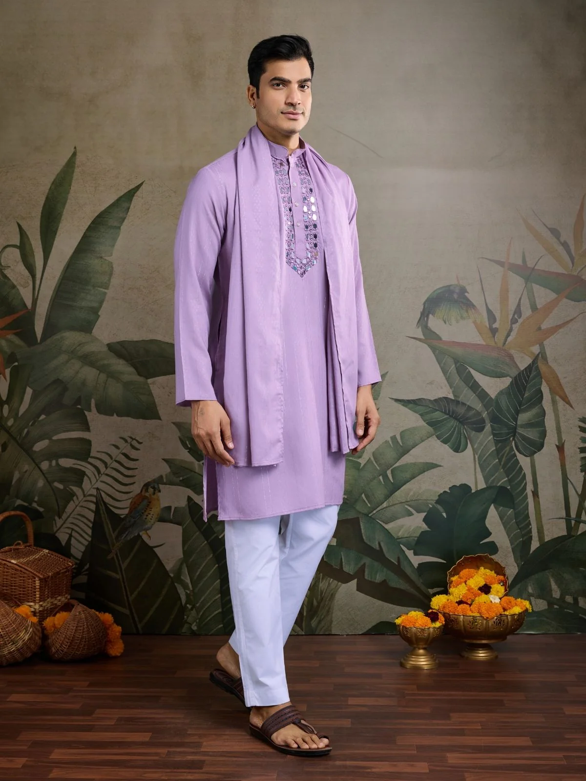 Odette Lavender Viscose Rayon Embellished Stitched Kurta For Men - Image 2