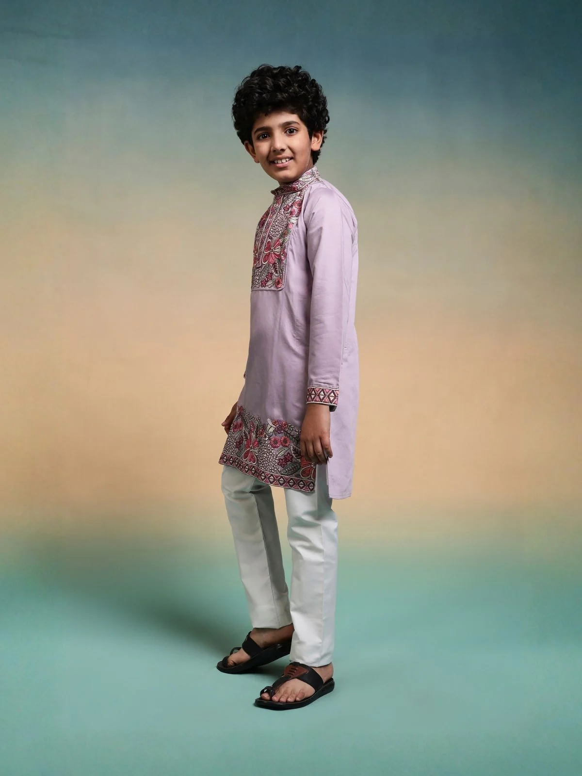 Odette Lavender Viscose Silk Embroidered Stitched Kurta Set For Kids - Image 2