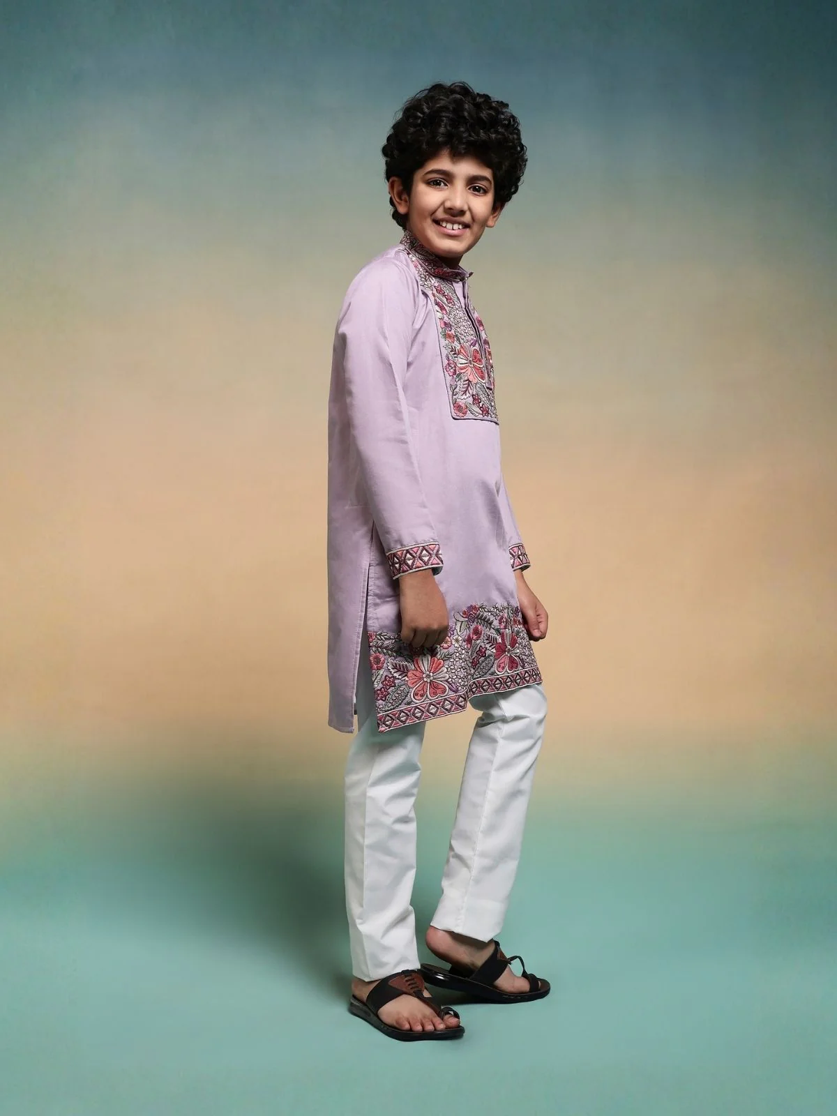Odette Lavender Viscose Silk Embroidered Stitched Kurta Set For Kids - Image 3