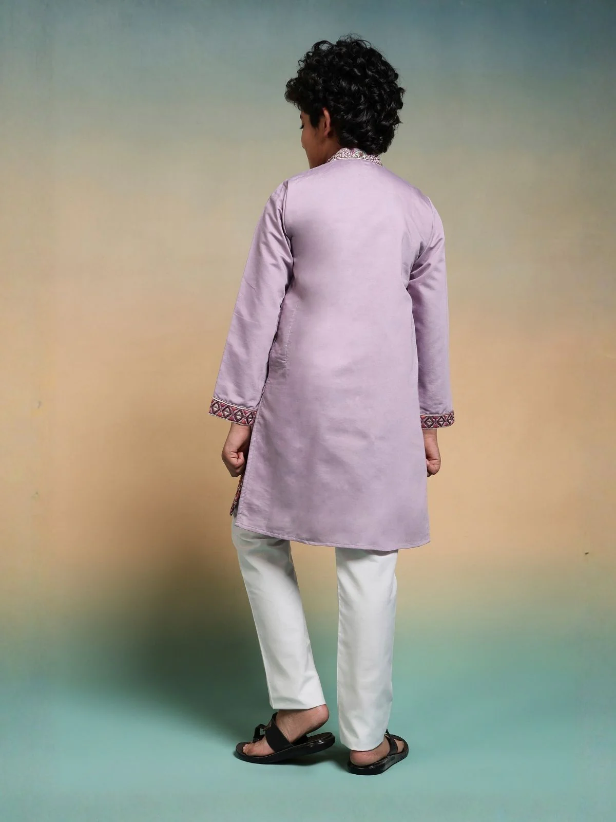 Odette Lavender Viscose Silk Embroidered Stitched Kurta Set For Kids - Image 4